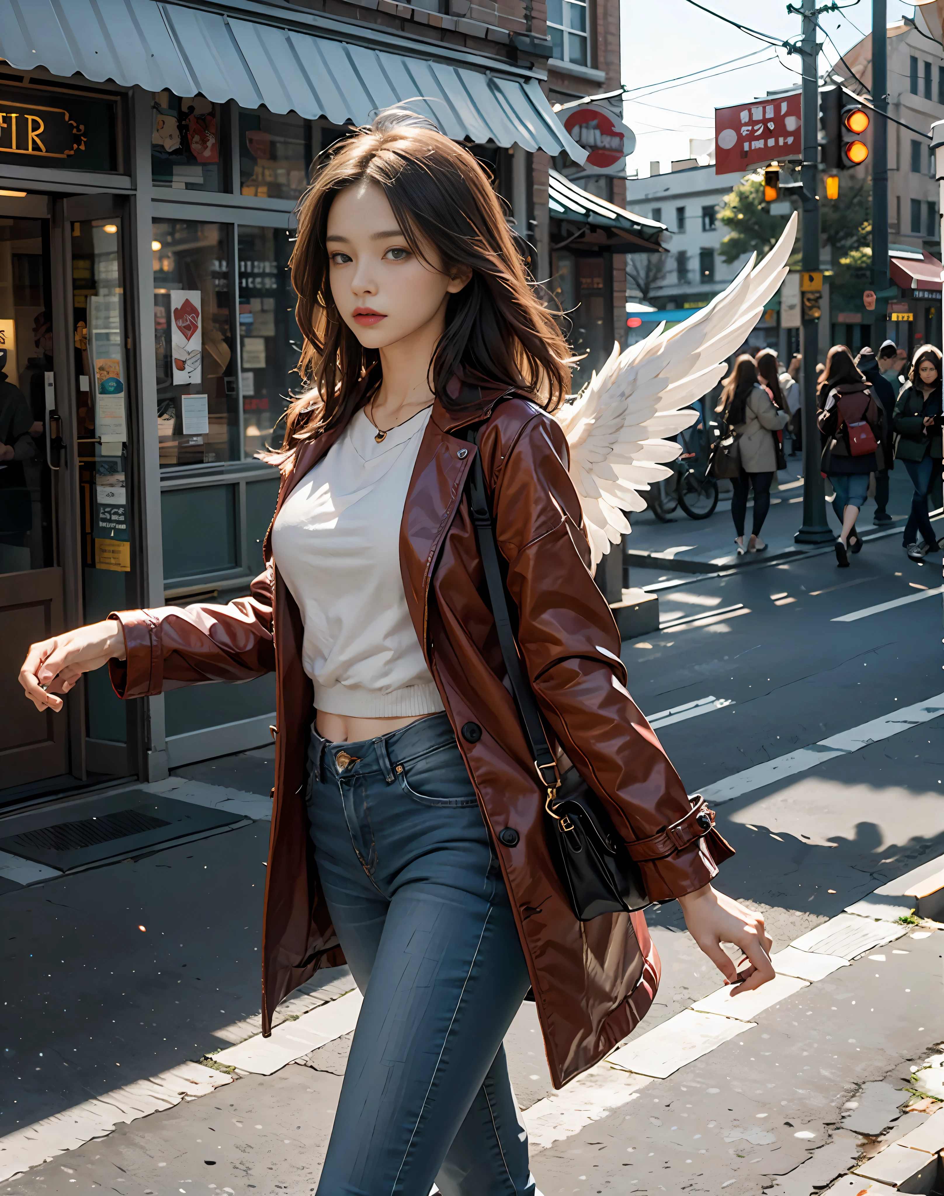 A beautiful woman，23 years old，Walk in the city，Tachibana crimson long-haired，Green eyes，fullllbody，Blazer，Jeans，The coat flutters，Edge light，（Long-haired fainting：1.5），（Women have very huge angel wings on them：1.5），best quailty，tmasterpiece，Super-High Resolution），（realisticlying：1.4），Slim，（shiny skins），（contours，frontage），（nevando：2），Top fashion，（（Red plush coat）），（nevando：1.5），pedestrian street，Winter city，Golden sky，（Tom Thomson， Claude Monet， Joaquin Sorolla， James Wilson Morris， John Fabian Carlson， Hugh Henry Breckenridge：0.8）， HDR， realisticlying