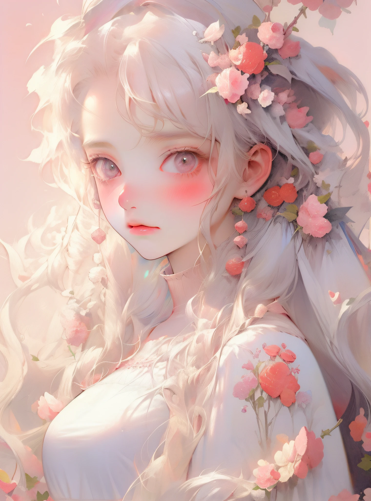 1girl huge large breasts,nijistyle,white color hair,(ssmile:0.67),Lovely Niji style,Best picture quality,Top masterpiece,hight clarity,8 k wallpaper,flatchest,There are more than a few light pink begonia flowers hanging on the head,Weeping begonia,Begonia in Xifu,smallunderboob,light pink background,The protagonist occupies the proportion of the picture: 0.6