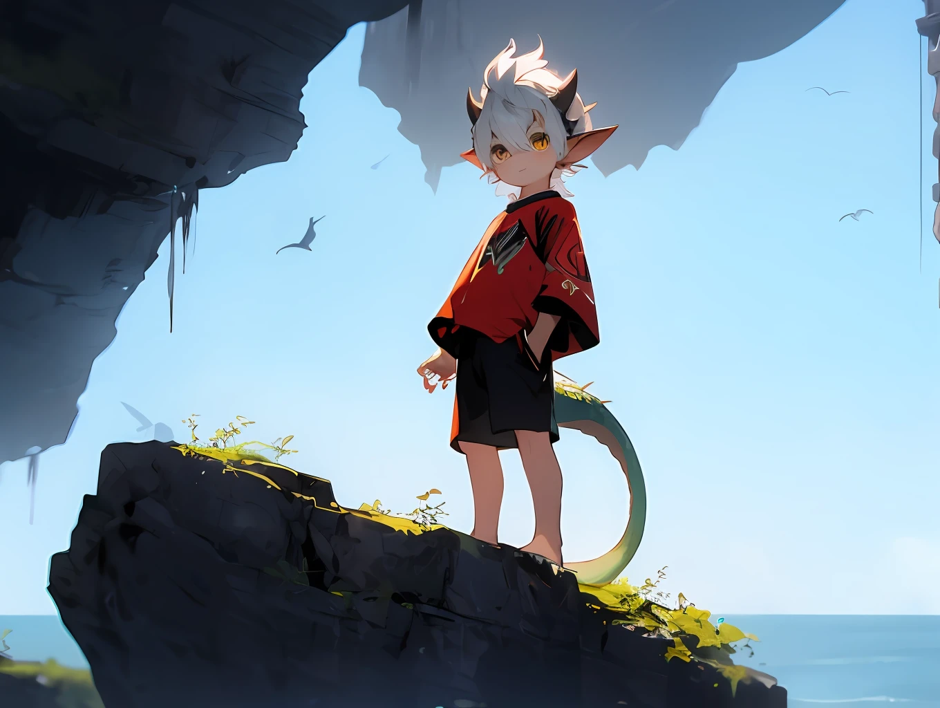 anime - style image of a young boy standing on a rock in front of the ocean, concept art by Shitao, Pisif, Furry art，trending on artstation pixiv, Guviz-style artwork, lalafell, Guviz, Guweiz on ArtStation Pixiv, young male anthro dragon，White scales，White hair，Close-up photos，（Slightly fat），Sunburn