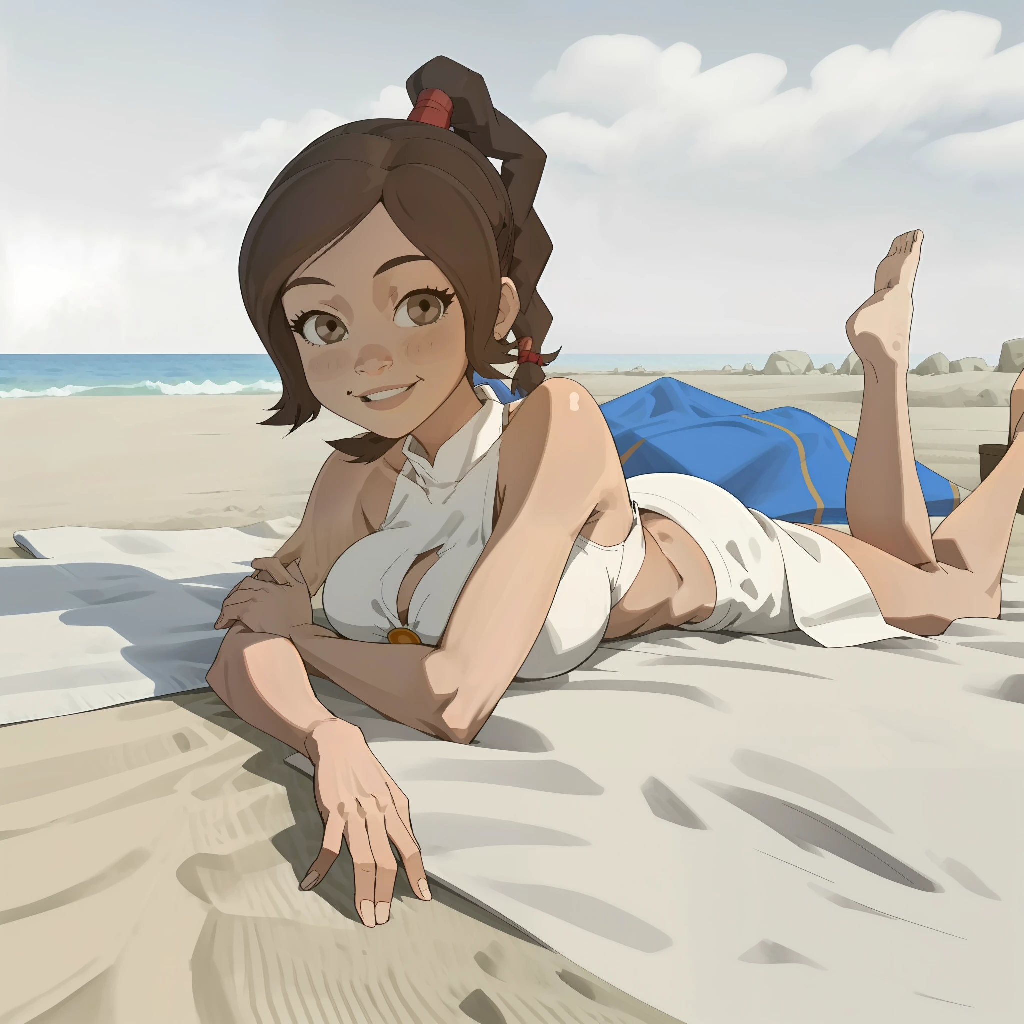 [Ty Lee_(Avatar_the_Last_Airbender)], ((masterpiece:1.4)), ((high res:1.4)), ((High definition)), ((detailed shading)), ((beautiful solo portrait)), ((full body)), ((anime girl)), (beautiful 3D art)), {attractive; (brown hair; long braided ponytail), (beautiful brown eyes), (happy smile), curvaceous hips, beautiful lips, abs, large boobs}, {white bikini, white skirt, red tight short shorts}, {(laying on beach towel), (laying on stomach)}, [background; beach, beautiful ocean,  detailed sand, sun rays]