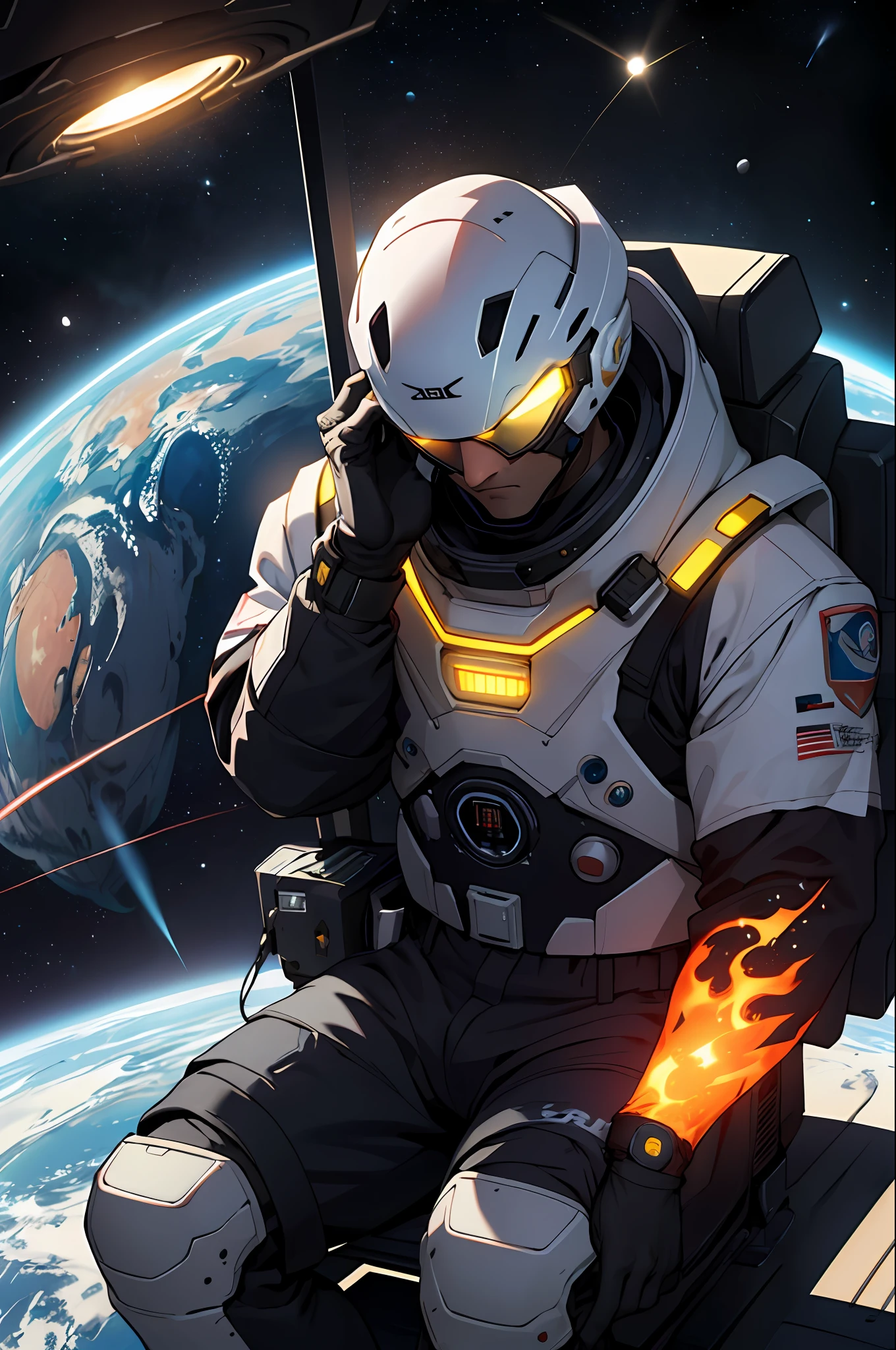 Draw a super mario sitting on a research platform in the middle of the asteroid belt. He studies with a notebook surrounded by several asteroids, glowing with fiery auras. Dramatic light from distant stars and planets illuminates the scene, casting deep shadows on the spacesuit. Super Mario looks confident and determined, looking at the vast and mysterious universe with wonder and respect, hair over face, Cowboy shot,