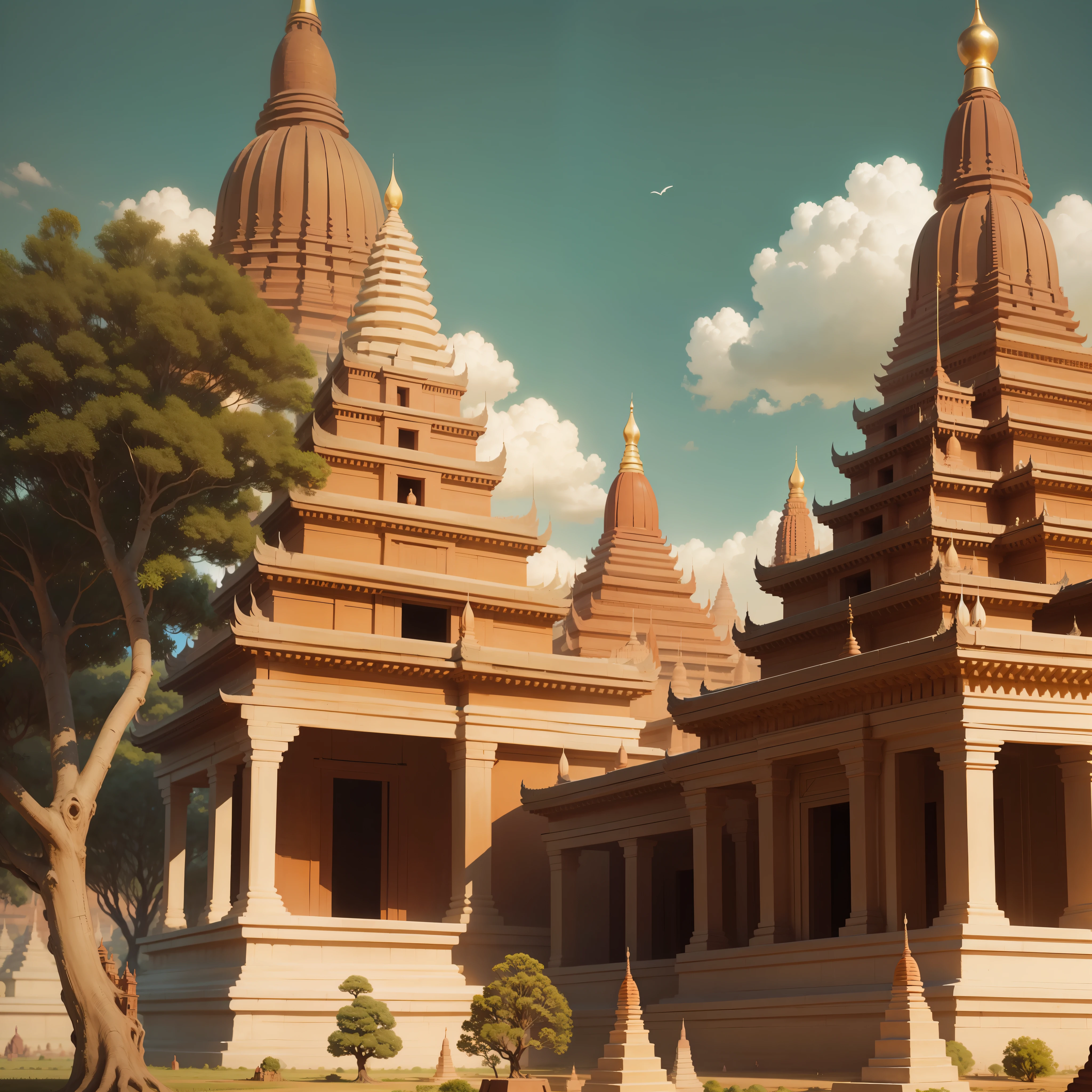 Bagan, dioramas style, pagodas, trees