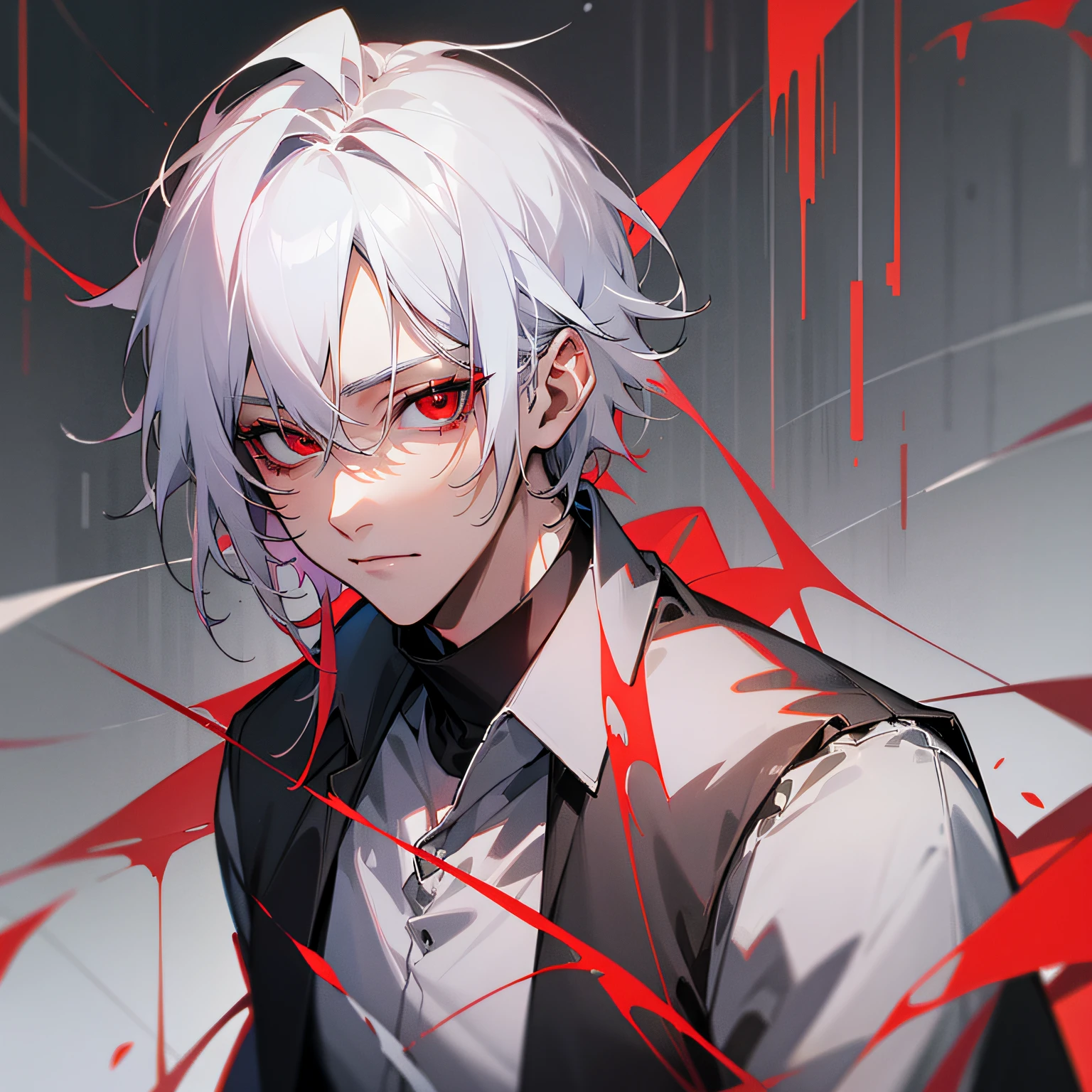 Shota,Lean against the corner,Splattered blood on the face,white-haire,Red and blue pupils,Shabby white shirt,Gray coat,The male
