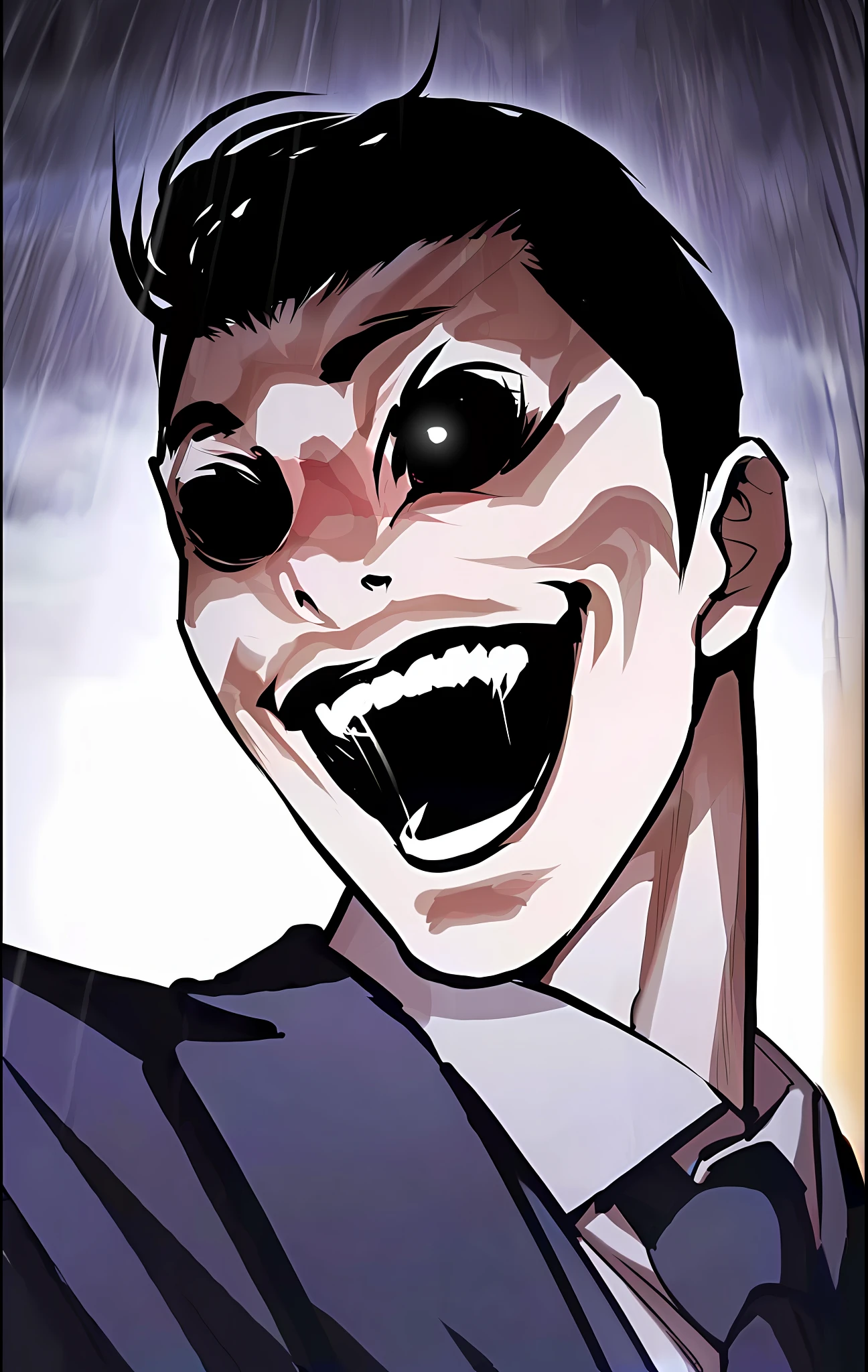 very best quality，CG art style with good detail depiction，Deep colors，Dark and mysterious scene。Let's create a disturbing smile together，large eyes and menacing smile，Evil and crazy intertwined expressions，An unforgettable, evil villain