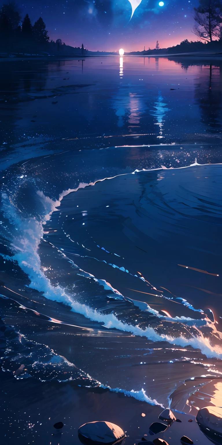 lake water，moonlit glow，blue colors，Sparkling，peacful，the night，As estrelas，Dreamy