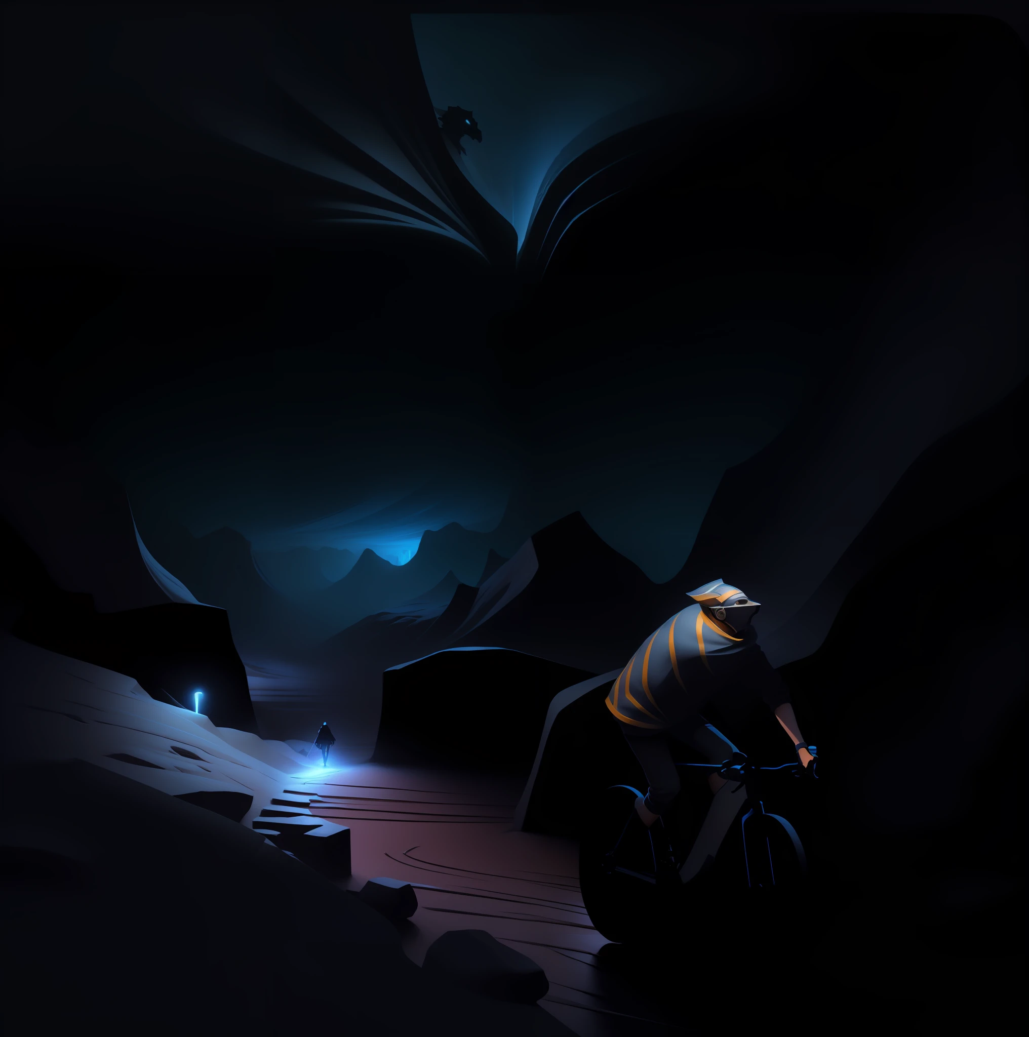 3D illustration of a man riding a bicycle in a snowy mountain area, game 3D Illustration, Conceptual 3D illustration, illustration!, mobile 3D game art, em uma caverna gelada, Amazing 3D art from the home screen, stylized digital illustration, 3 d epic illustrations, stunning digital illustration, dixit card, inspirado em Cyril Rolando, arte conceitual surreal, caverna de gelo, No estilo de Cyril Rolando
