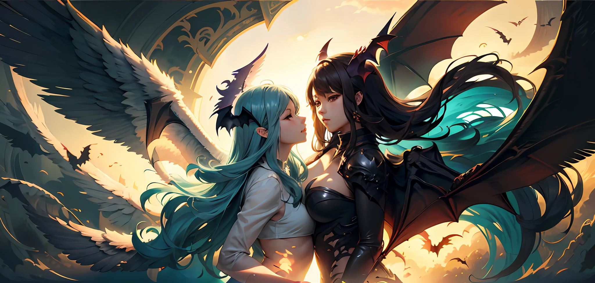 twins,2girls,Angel feathered wings,Demon bat wings,Upper body body,OilPaintStyle,Thick coating,tmasterpiece,轴对称,the detail,Complex and beautiful mural background
