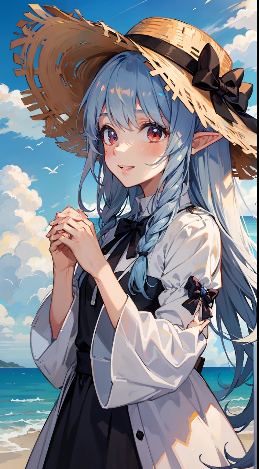((Holding the hat with both hands)), ((Raise both hands)), ((Overlooking the sea)), 1 Whole body of a girl, elvish, has silver hair, Red Eyes, bob cuts, Braided hair, summer dress, robe blanche, frilld, a straw fedora hat, Laughing, a smile, Seaside city, concept-art, beautiful anime scene, Beautiful anime scenery, beste-Qualit, masterpiece