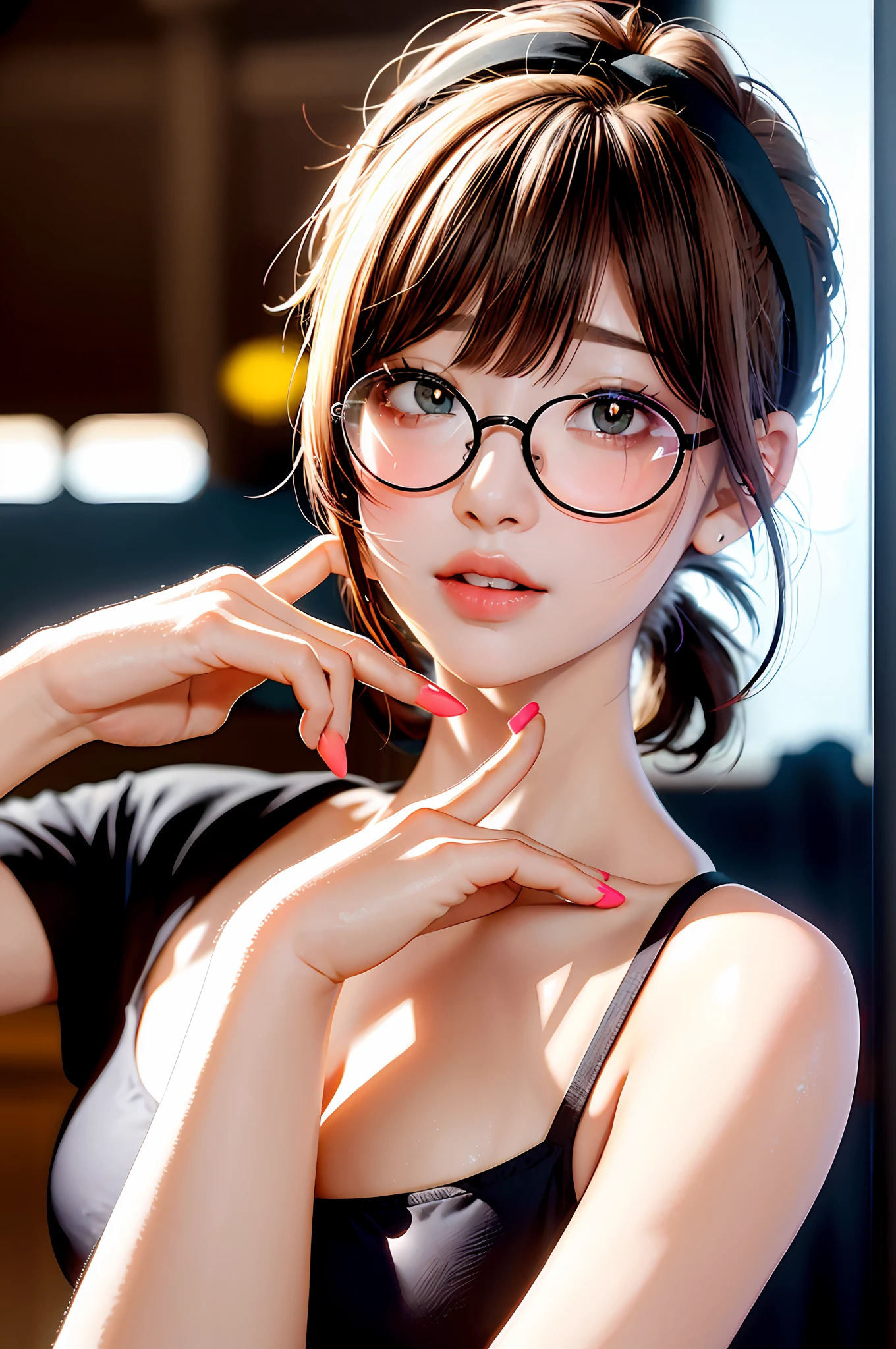 A dark-haired, Blunt bangs, bangs, ponytailhair, Twin-tailed, short ponytail hair, side locks, heart ahoge, hairpin, Hair ribbon, hair pin, hair adornments, Hair bow, wears glasses, hair scrunchie, heart-shaped hair ornament, bow hair band, pink hairband, Heart-shaped pupils, mismatched pupils, Sparkling eyes, cheekpinching, cheekpinching, facing another, excited, nose blush, Naughty, Interior architecture, Anime, Minimalism, Anime style, Depth of field, Backlighting, Ray tracing, 16k, A high resolution, Best quality, High quality, High details, Super detail, 巨作, Araved, Naked