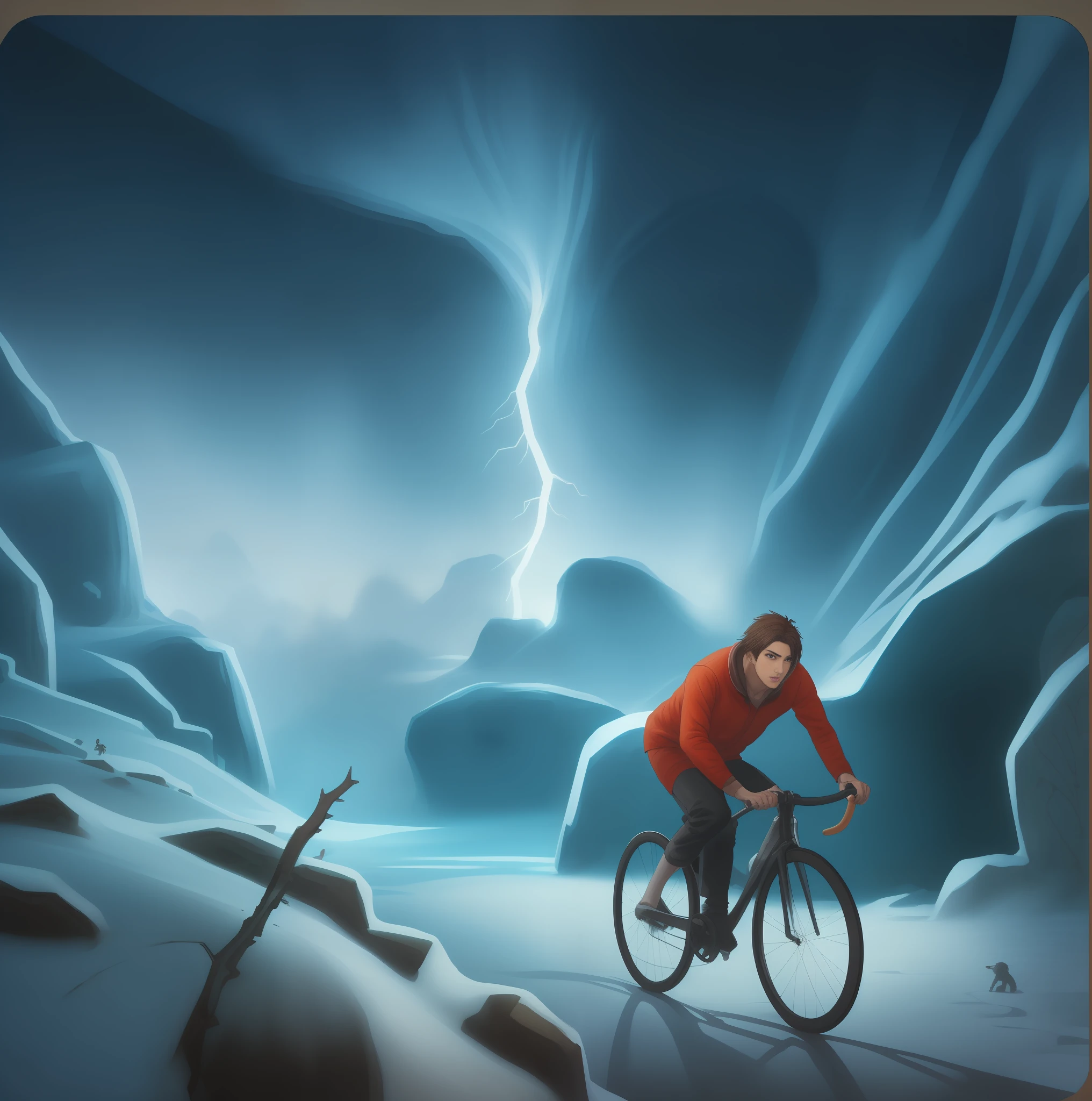 Drawing of a man riding a bicycle in a snowy mountain area, Manga Illustration, concept illustartion, illustration!, arte de anime, em uma caverna gelada, uma aurora boreal no fundo, Lightning tears through the sky, amazing splashscreen artwork, stylized digital illustration, 3 d epic illustrations, stunning digital illustration, dixit card, inspirado em Cyril Rolando, arte conceitual surreal, caverna de gelo, No estilo de Cyril Rolando, obra prima, alta qualidade, rosto perfeito