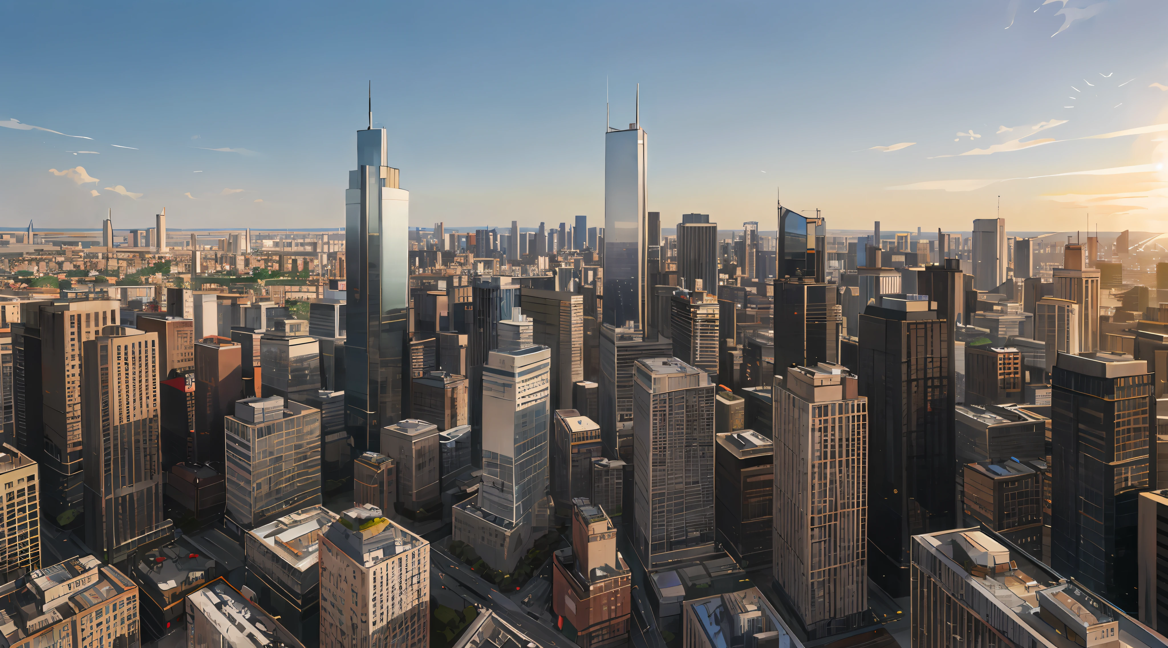 arafficial view of a city with tall buildings and a few skyscrapers, warsaw, skyline showing, manhattan, detailed high resolution, tall buildings on the sides, highrise business district, by Dietmar Damerau, towering over a city, by Werner Gutzeit, sky line, drone view of a city, by Jakob Gauermann, urban in background