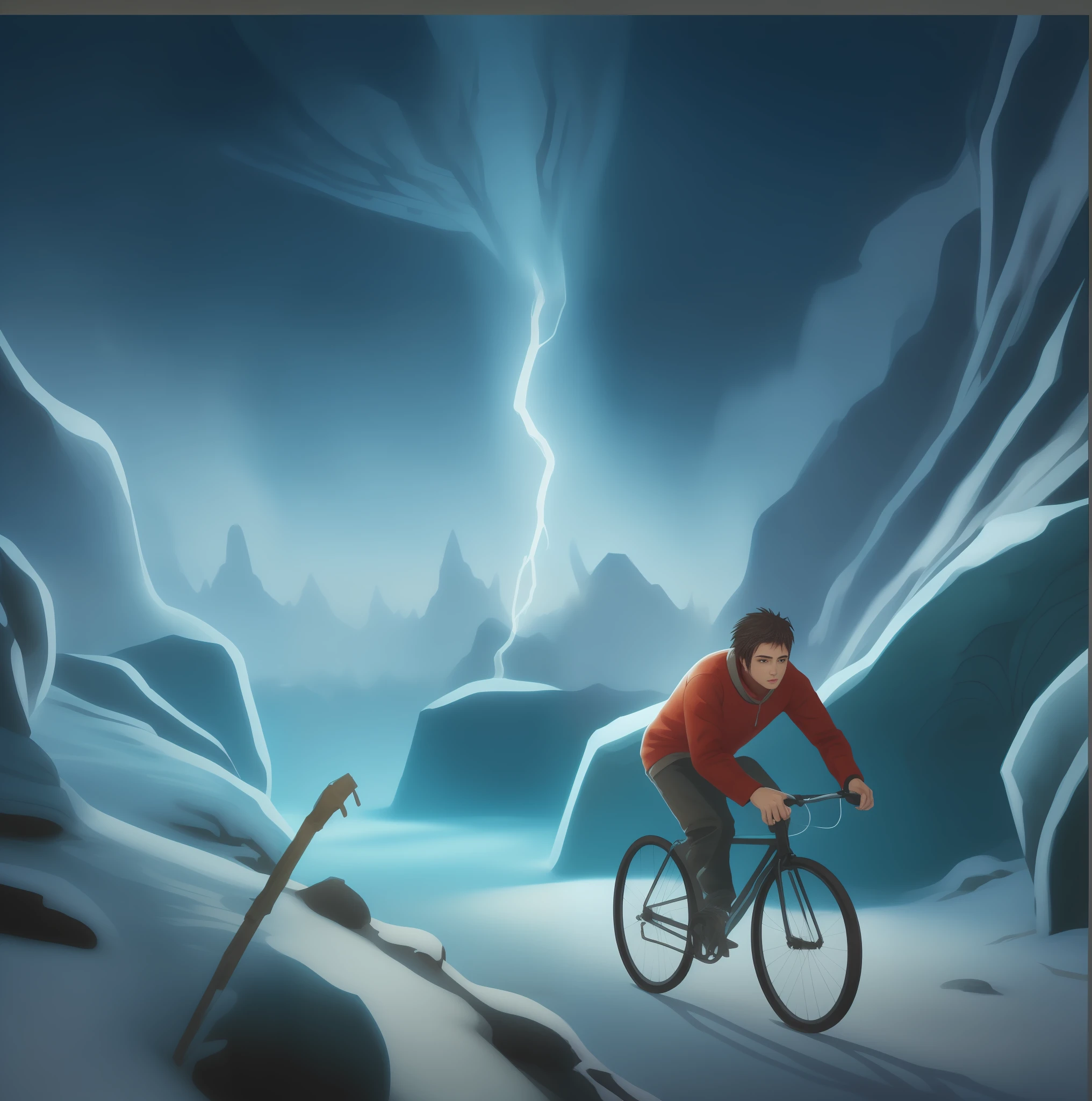 Drawing of a man riding a bicycle in a snowy mountain area, Manga Illustration, concept illustartion, illustration!, arte de anime, em uma caverna gelada, uma aurora boreal no fundo, Lightning tears through the sky, amazing splashscreen artwork, stylized digital illustration, 3 d epic illustrations, stunning digital illustration, dixit card, inspirado em Cyril Rolando, arte conceitual surreal, caverna de gelo, No estilo de Cyril Rolando, obra prima, alta qualidade, rosto perfeito