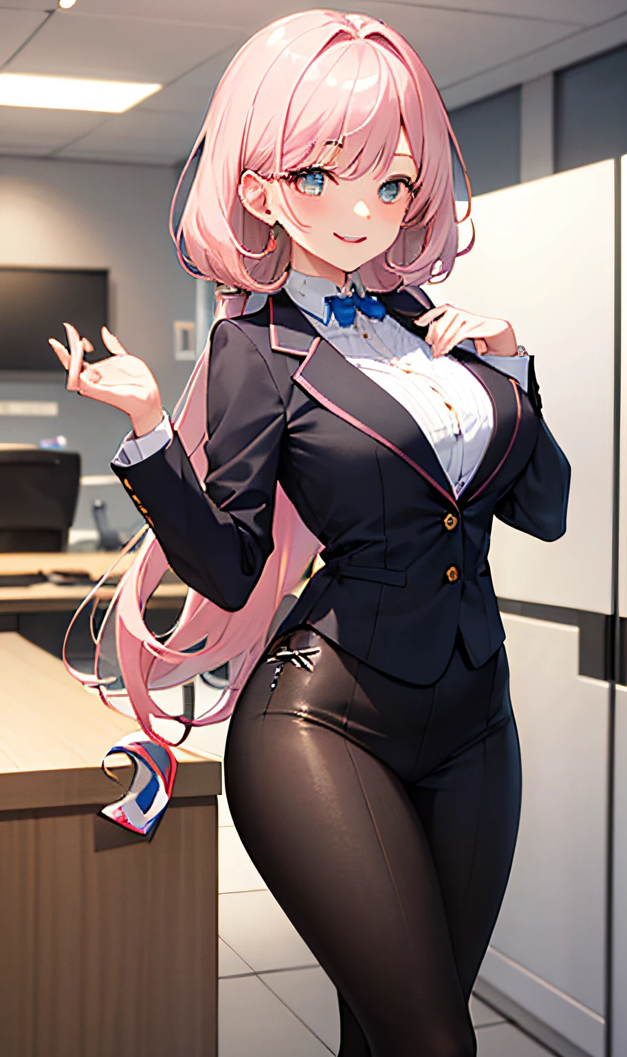 ((masterpiece, best)),(1girl),((mature woman)), light pink hair, dizzy, trumpet, ((office lady)), bangs, mid-chest, (full), slim, smiling, [wide hips] ,office,standing, aru \(blue archive\),