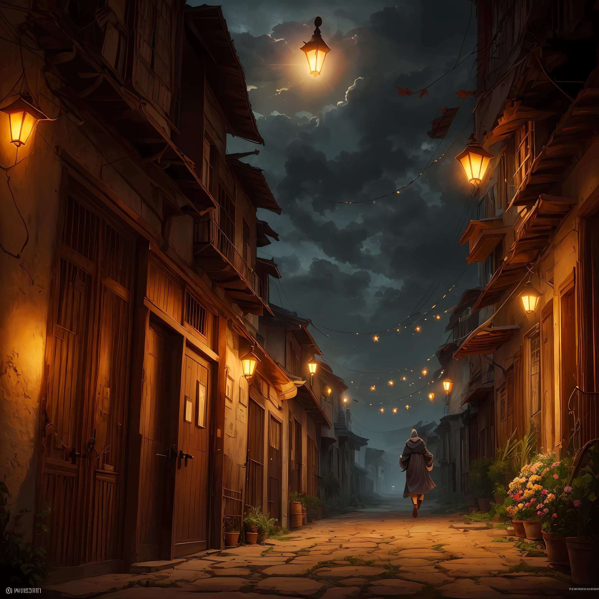 Computer Extensive Landscape Photography (general view, on which you can see the sun, The sky in, The wind blows the leaves and the alley, slums, The wind whirls the leaves), Girl detailing appearance (dark hair) in an old cloak and hood, jumps to the top , dynamicpose, catches leaves, running down the alley and looking up + 1 elderly woman, in an old knee-length dress, In old footwear, dynamic movement, dinamic angle, alleyway, wicket, fence, The cloud and the thick of the forest, (flower field: 1.4) In the foreground, gray cloak, Light tracing, (Floating colorful wind: 1) (photo-realistic: 1.4), offcial art, Unity 8k壁纸, Ultra-detailed, Beautiful and aesthetically pleasing, ​masterpiece, beste-Qualit, luminous skin, 电影灯光, slight smile (daytime, The sky: 1,2), ( Lots of circling leaves: 0,9), (The sun is shining: 1,3), A Distant Mountain , дерево BREAK production art, (Warm light source:1.2), (Firefly:1.2), lamp, a lot of yellow, Orange, Green, intricate details, volumetric lighting BREAK (​masterpiece:1.2), (beste-Qualit), 4k, overdetalization , (Dynamic composition: 1.4), Highly detailed, Colorful details -- --auto