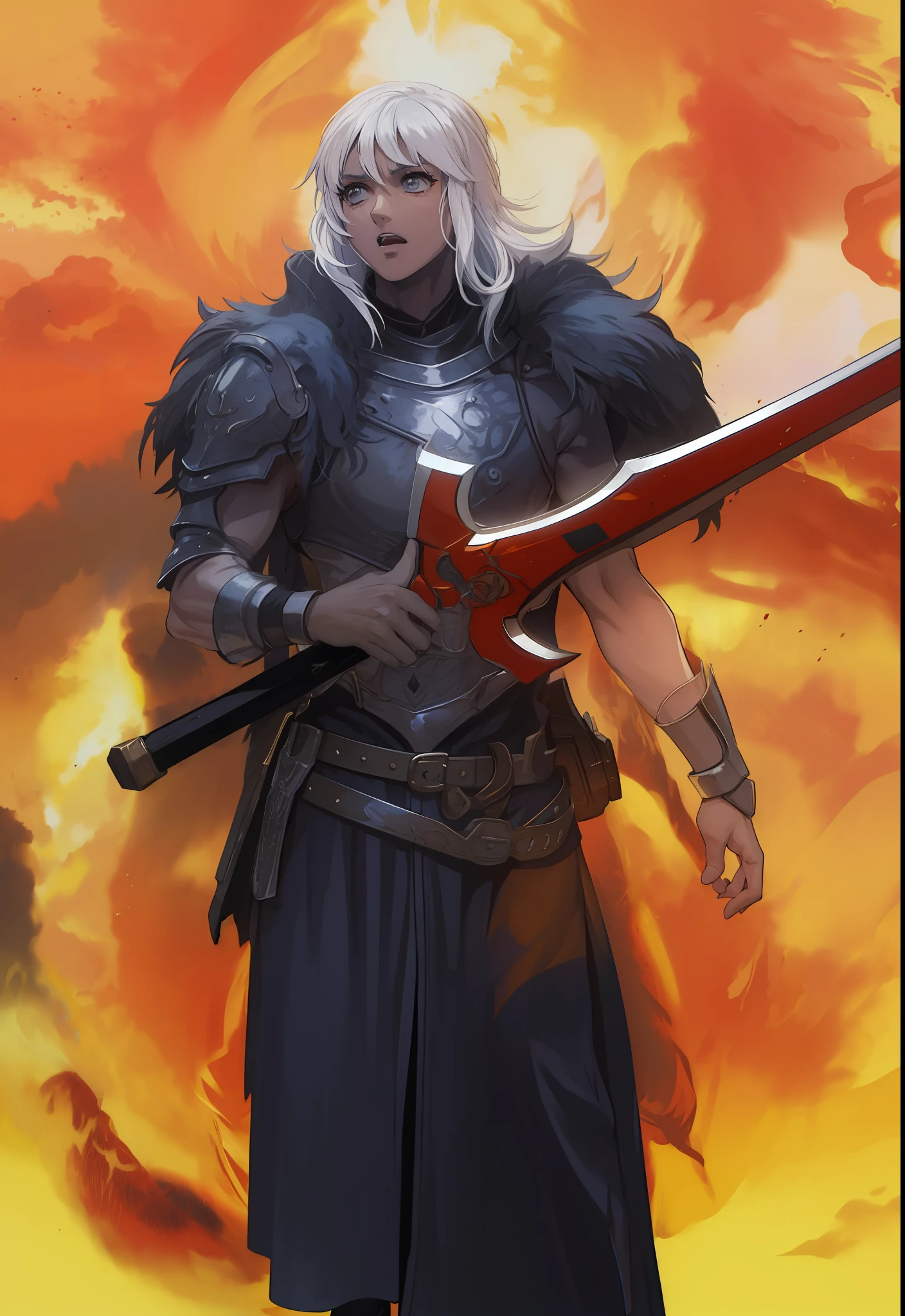 Masculino, pele negra, olhos amarelo,4k,no meio do fogo, Dark kingth armor Full body, Dark fantasy, segurando uma espada,tons de calor