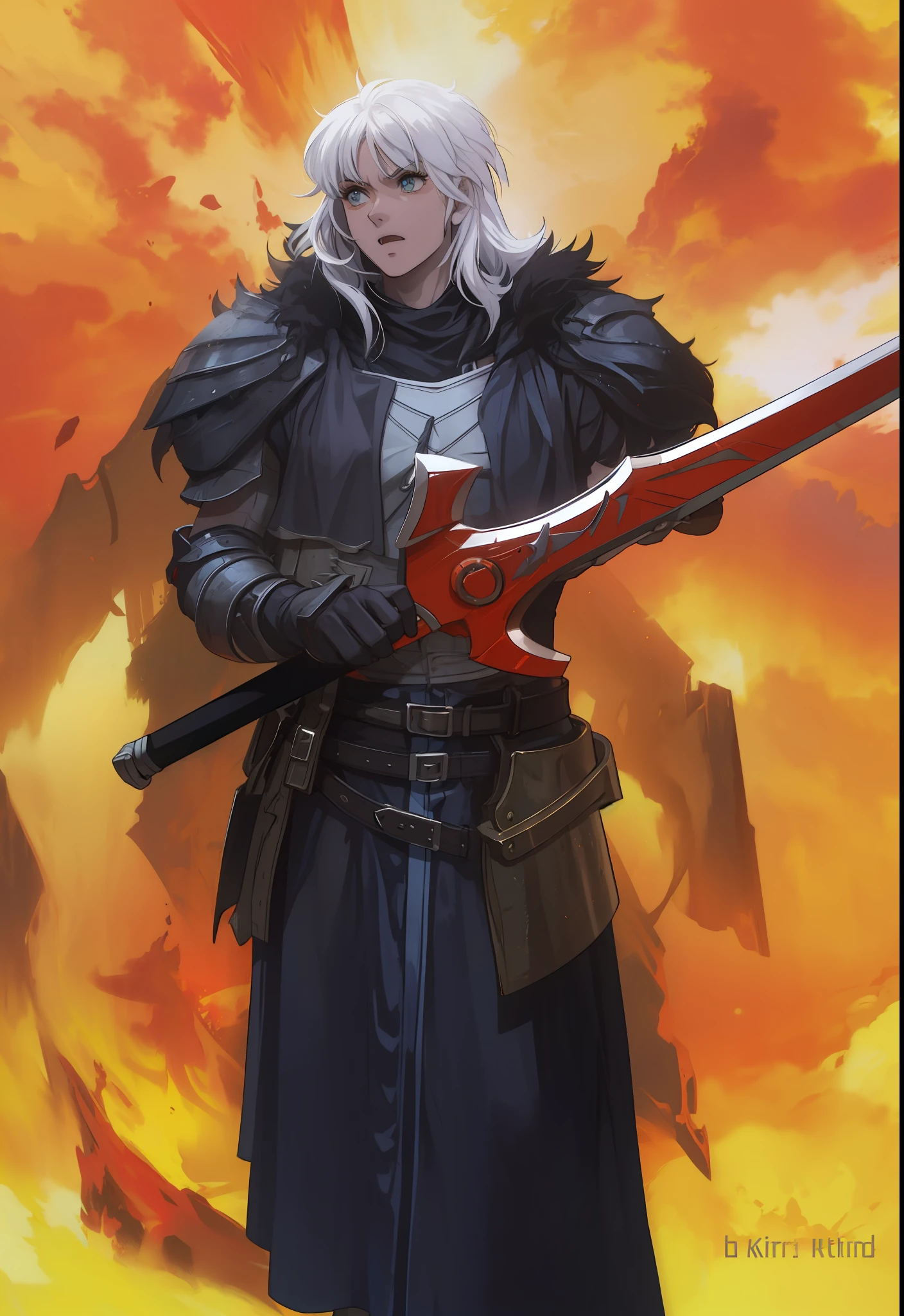 Masculino, pele negra, olhos amarelo,4k,no meio do fogo, Dark kingth armor Full body, Dark fantasy, segurando uma espada,tons de calor