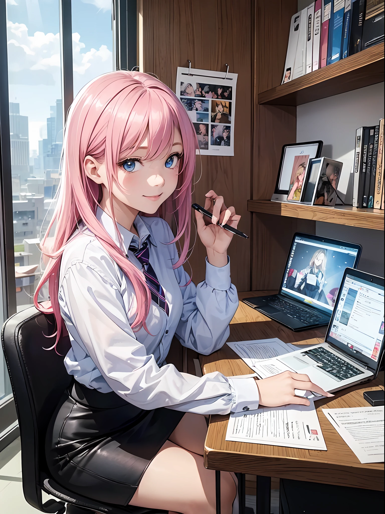 最好质量、Photorealistic、An ultra-fine illustrations、beautiful attractive anime girl、Megurine Luca、Pink hair、Tied hair、only girl、a photo of girl、Full body shot、Beautiful Blue Eyes、Turned、in a office、Sitting at your desk、Simple black ladies suit、pencil skirts、a smile、