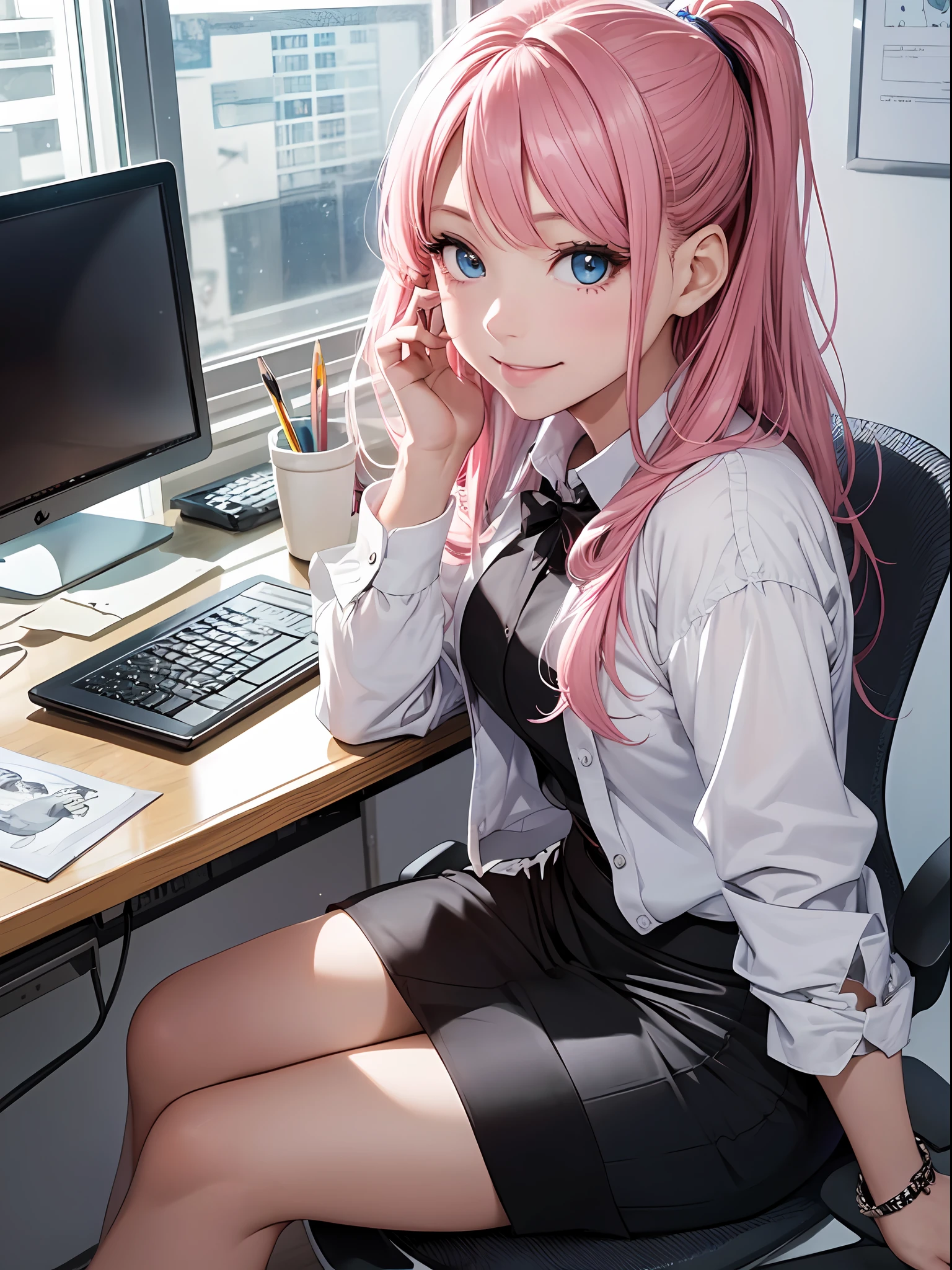 最好质量、Photorealistic、An ultra-fine illustrations、beautiful attractive anime girl、Megurine Luca、Pink hair、Tied hair、only girl、a photo of girl、Full body shot、Beautiful Blue Eyes、Turned、in a office、Sitting at your desk、Simple black ladies suit、pencil skirts、a smile、