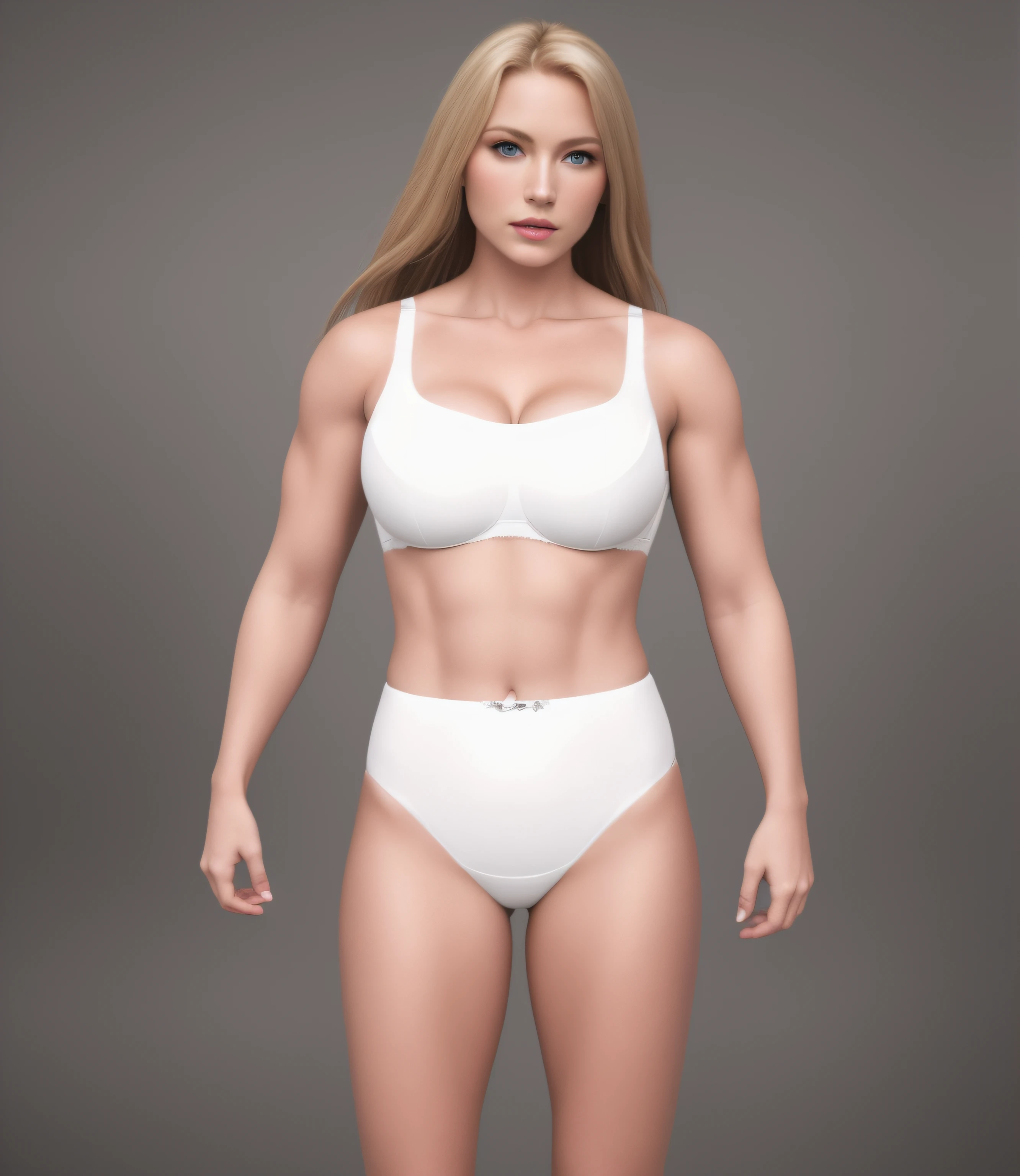 buff Norwegian blonde woman, in white bra and white high cut panties, photo realistic, intricate details