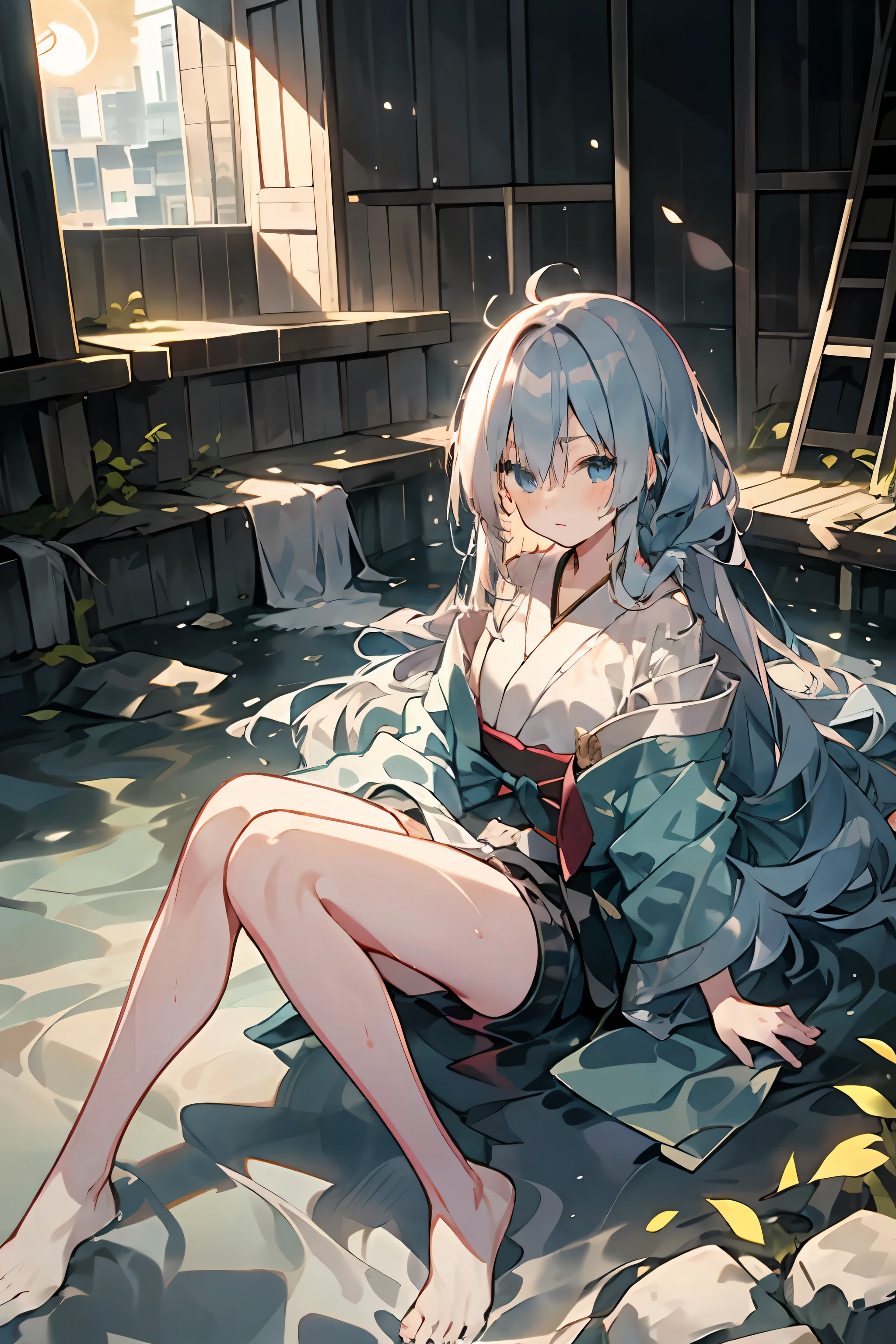 Ultra-high resolution, Japanese anime style, gray-haired girl, Wet with water, Translucent clothing, flowing waist-length hair, Slender body, Beautiful lines, Picture ratio 19.5:9 The sun shines high Behind you is an abandoned city A little immersion in the water on your knees Aqua blue eyes