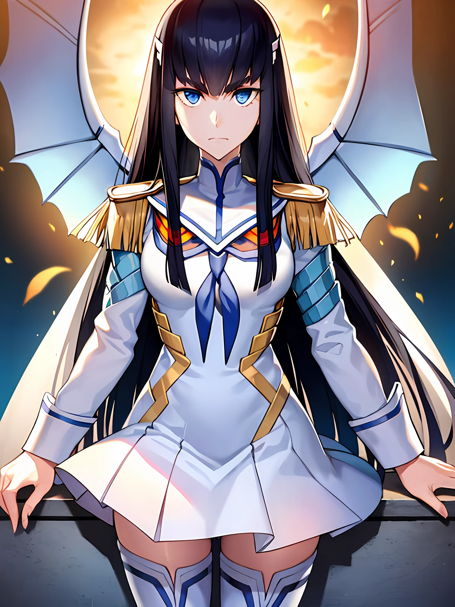 beautiful, masterpiece, best quality, extremely detailed face, perfect lighting, 1girl, solo, kiryuin satsuki, blue eyes, junketsu, epaulettes, school uniform, skirt, white thigh boots, cowboy shot,