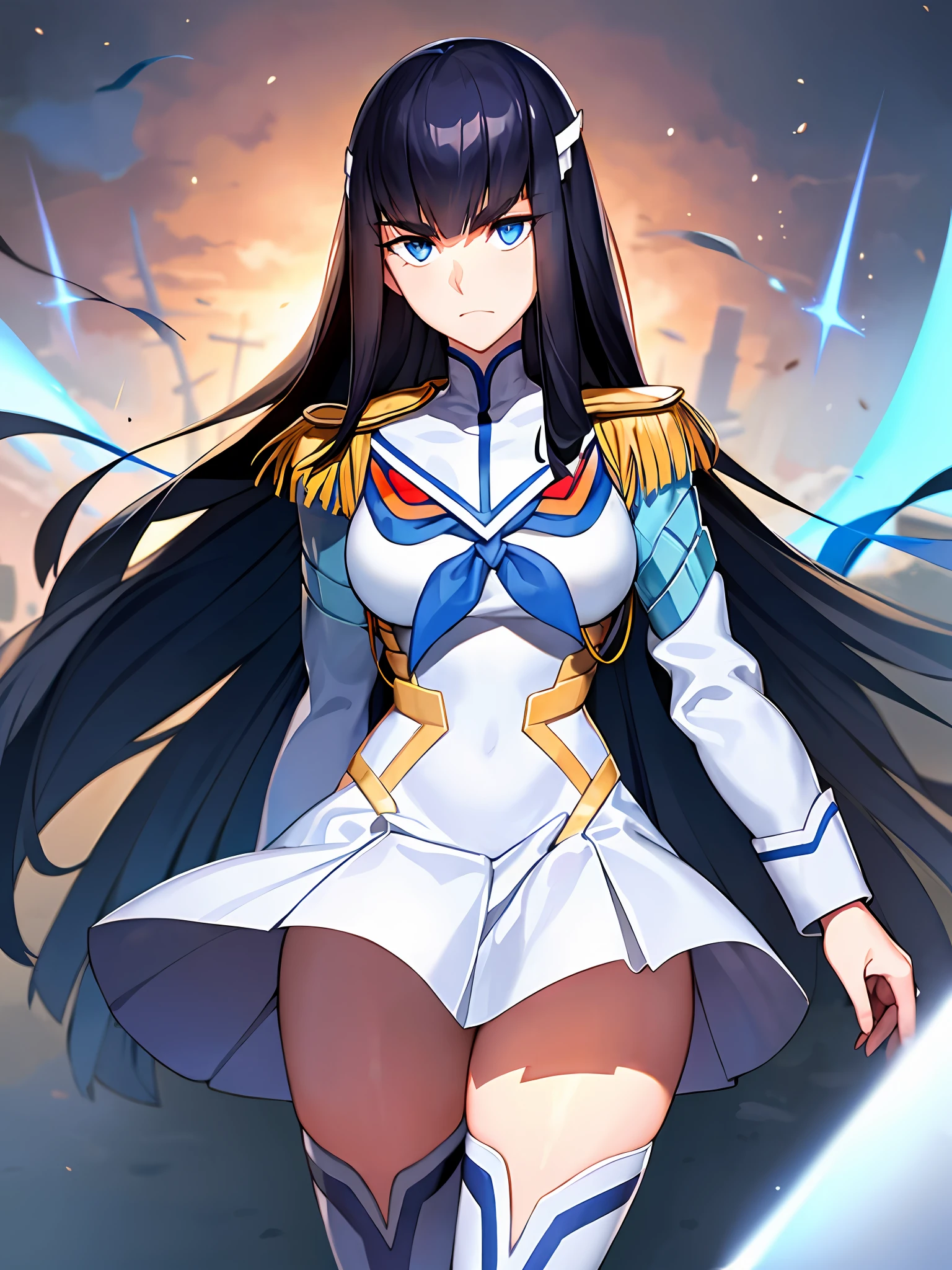 beautiful, masterpiece, best quality, extremely detailed face, perfect lighting, 1girl, solo, kiryuin satsuki, blue eyes, junketsu, epaulettes, school uniform, skirt, white thigh boots, cowboy shot,