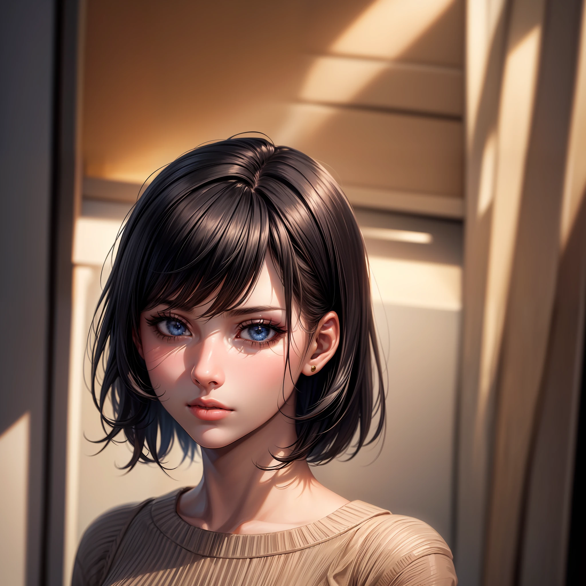 (masterpiece:1.3), (8k, photorealistic, RAW photo, best quality: 1.4), (1girl), beautiful face, (realistic face), (black hair, short hair:1.3), beautiful hairstyle, realistic eyes, beautiful detailed eyes, (realistic skin), beautiful skin, (sweater), absurdres, attractive, ultra high res, ultra realistic, highly detailed, golden ratio