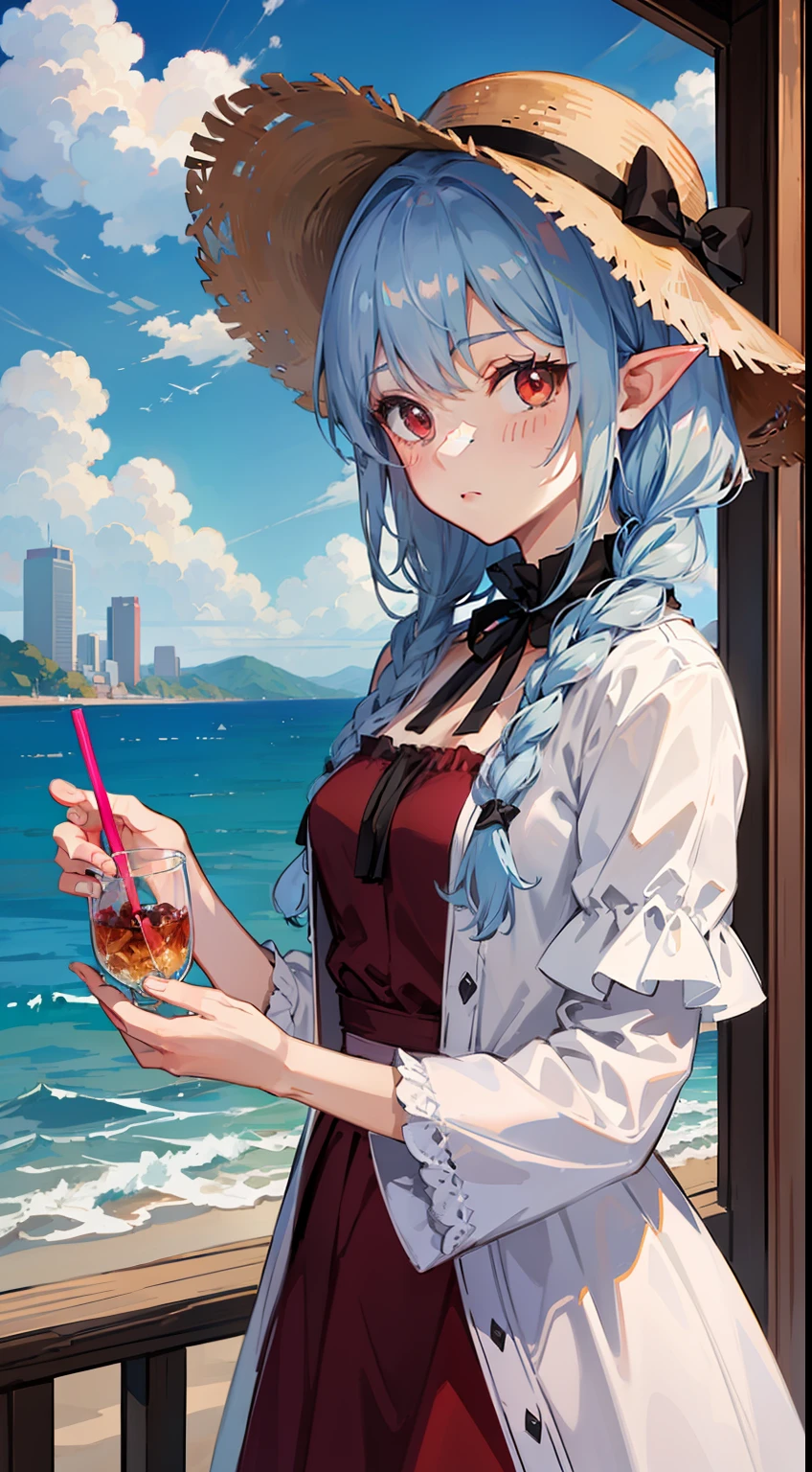 ((Holding the hat with both hands)), ((Raise both hands)), ((Overlooking the sea)), 1 Whole body of a girl, elvish, has silver hair, Red Eyes, bob cuts, Braided hair, summer dress, robe blanche, frilld, a straw fedora hat, Embarrassing, Troubled face, red blush, TS, Seaside city, concept-art, beautiful anime scene, Beautiful anime scenery, beste-Qualit, masterpiece