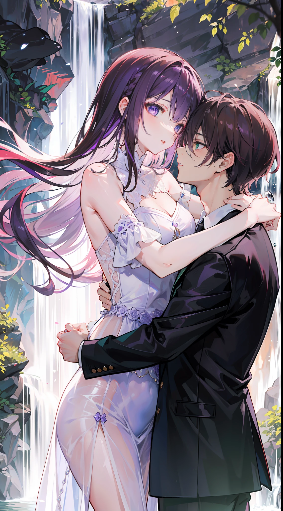 "Generate a adult couple passionately hugging under a waterfall, 4k, showcasing romance with gorgeous lighting. The woman has vibrant long light-purple hair and captivating light-purple eyes, while the man has charming brown hair and enchanting green eyes."