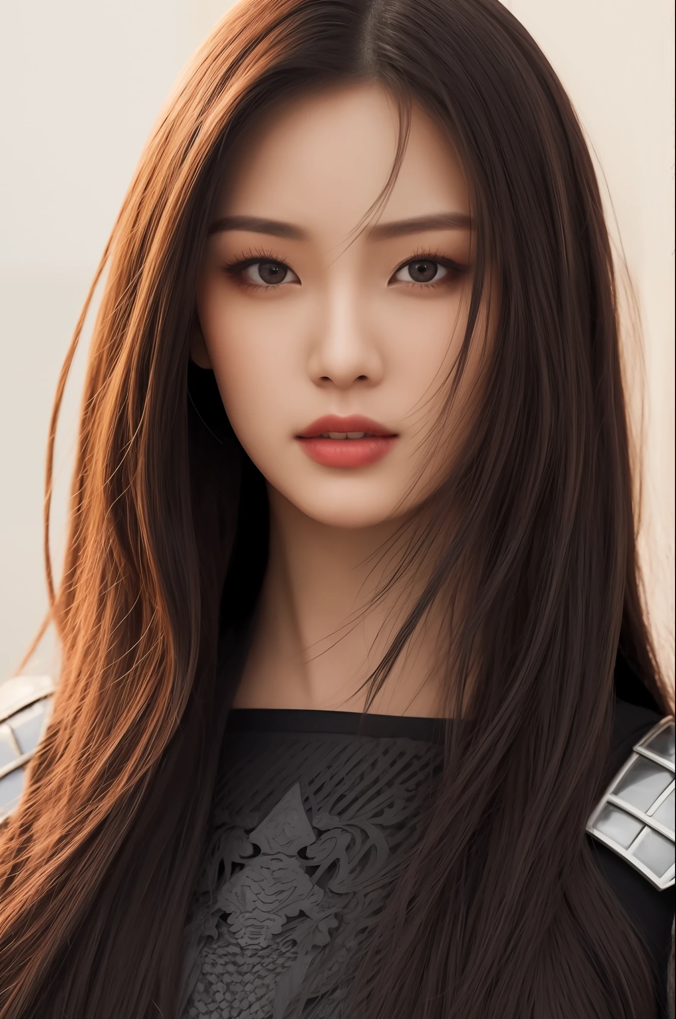 full body potrait of a photorealistic beautiful Japanese supper hot female model, dreamy and romantic, long hair, clear light, exotic black sexy armour, beautiful woman with a cute face and beautiful eyes, ninja, female, Asian, highly detailed, 4K, warrior, trendy on attestation, trendy on Instagram, vivid light. sharp focus. armoured, in fire, full body, powerful, daring look, powerful.