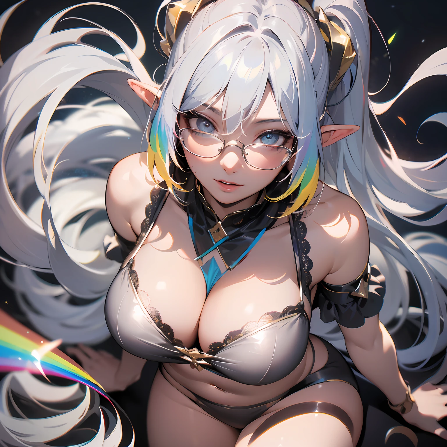 (8k, RAW photo, photorealistic:1.25) ,( lipgloss, eyelashes, gloss-face, glossy skin, best quality, ultra highres, depth of field, chromatic aberration, caustics, Broad lighting, natural shading,Kpop idol) looking at the void with a serene and goddess-like happiness, (((masterpiece))), colorfull, light and dark background with blurry effect, a young elve in grey outfit in the middle with belly exposed, big boobs, ponytails, wear office glasses, from above, fullbody, nijistyle, rainbow, dynamic pose