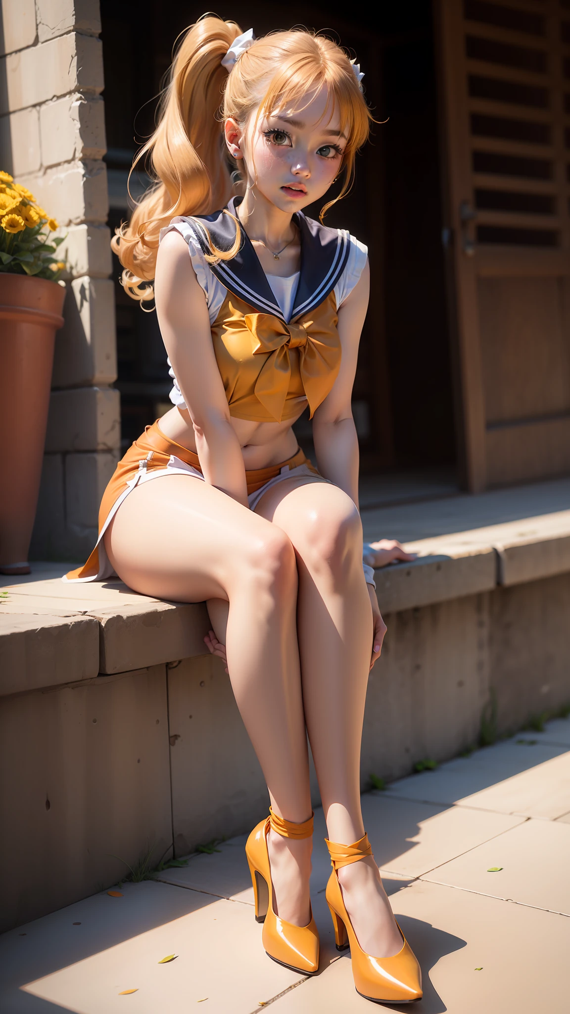 high-level image quality、Beautiful pictures、Beautie、sailorvenus、mini-skirts、poneyTail、japanes、Ultra mini skirt、Sit on the ground、from the front side、knees up、directly in front、Both legs open、Hands on knees、navel、Pichi Pichi、?17 age old、Orange High Heels、kick、White shorts、Sleeveless、Deep slit、White panty、camel's toe、Right foot high、Sailor Senshi、Sunnyday、healthy、Open your legs wide、Beautiful facial features、Beige stockings