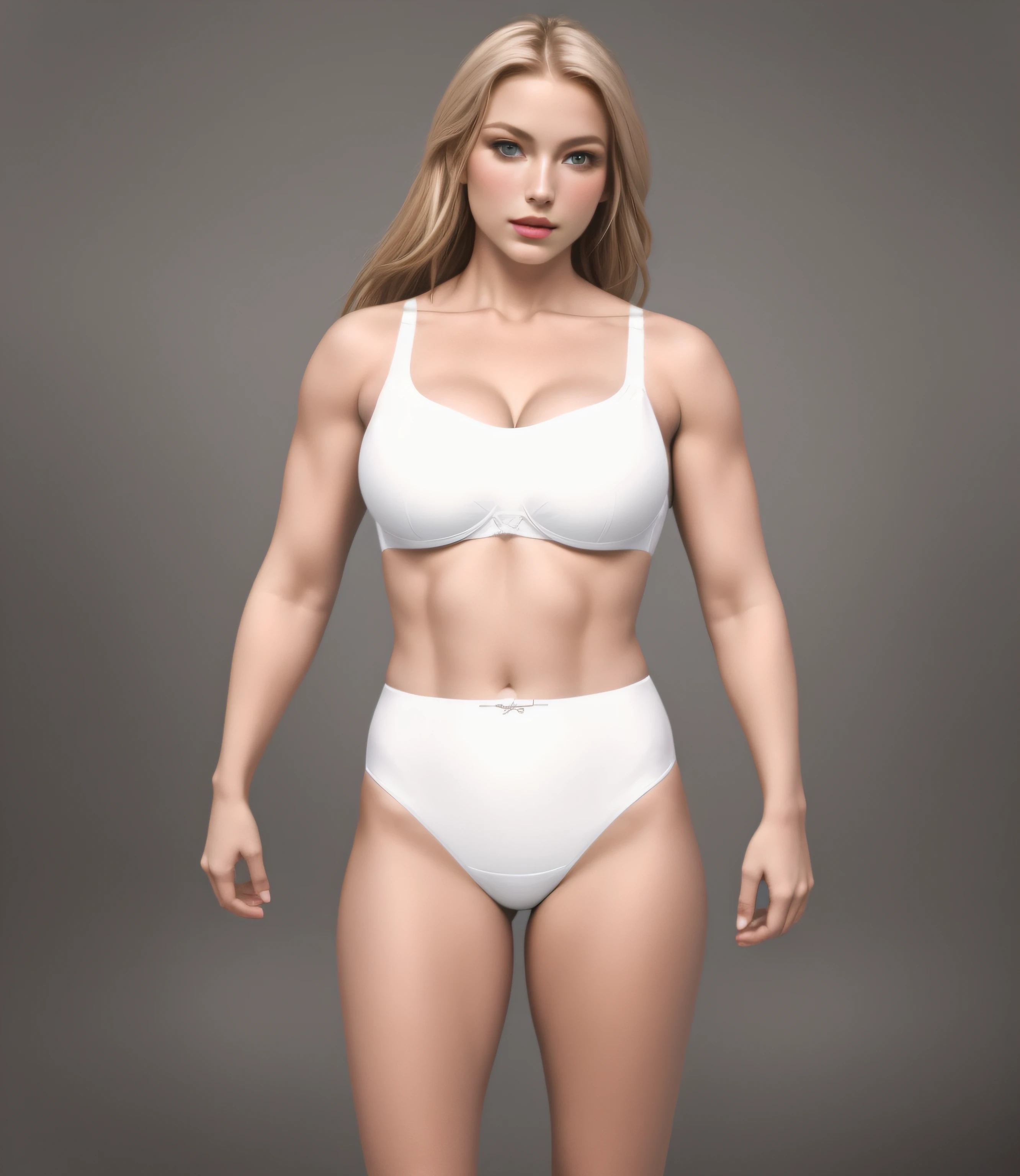 buff Norwegian blonde woman, in white bra and white high cut panties, photo realistic, intricate details