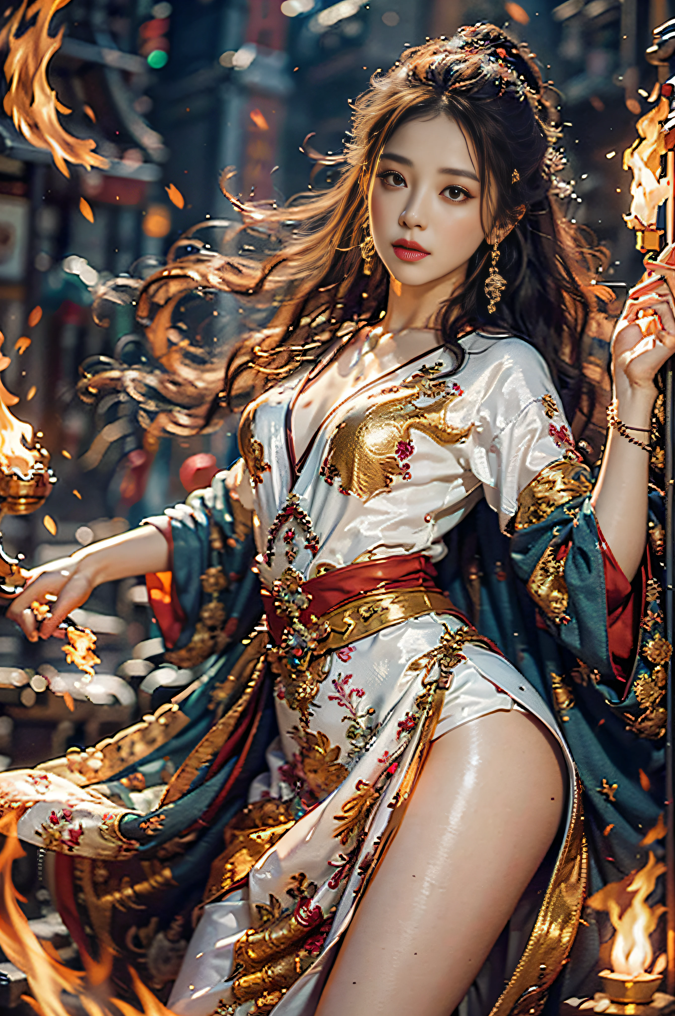 Best quality,masterpiece,ultra high res,(photorealistic:1.4)1girl,beautiful_face,detailed skin,full body,yuhuoshu,jewelry,solo,earrings,(fire:1.3),blurry,realistic,lips,