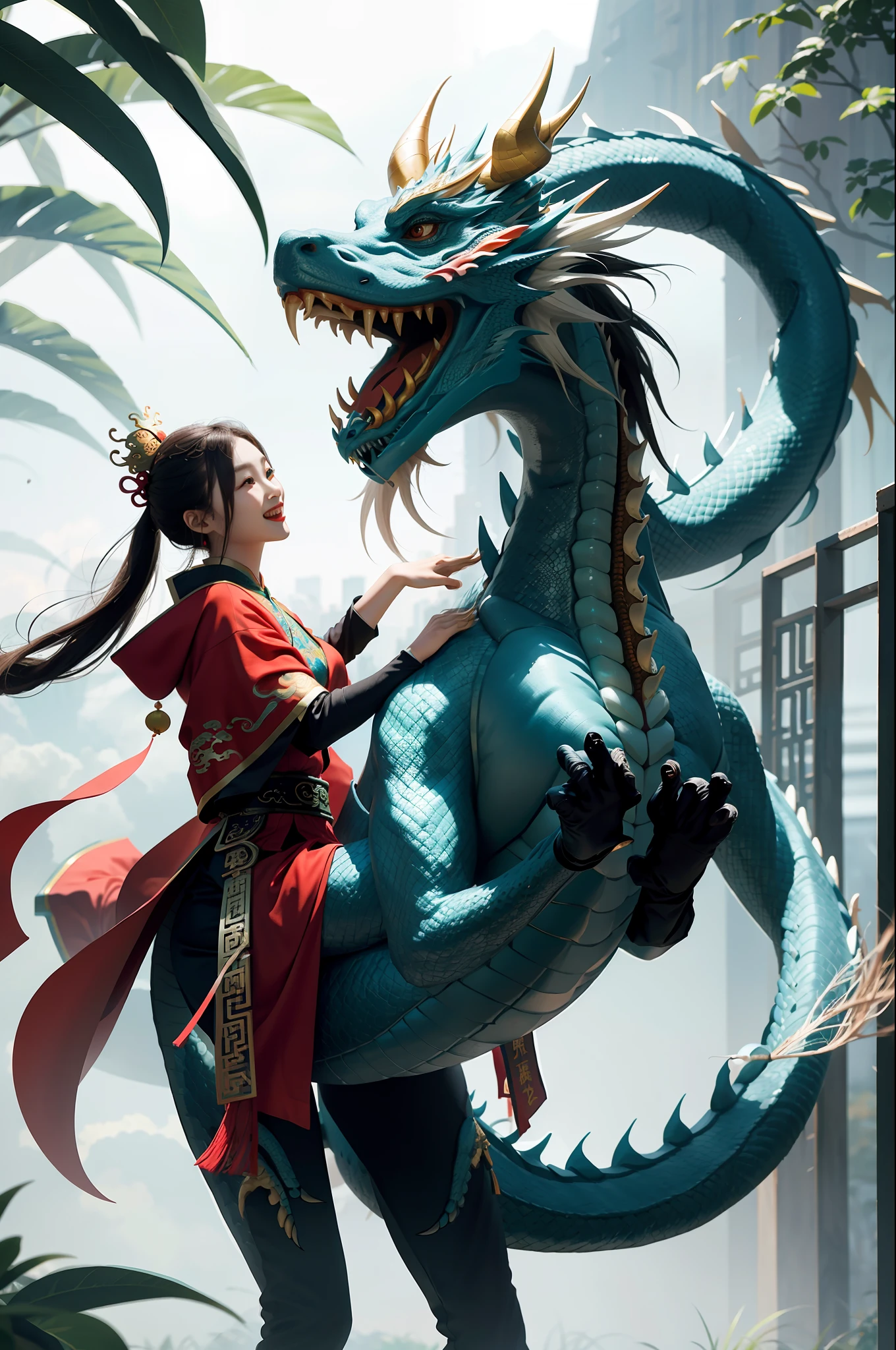 masterpiece, best quality, making friends with the Chinese dragon, fun, happy, bright, loong,