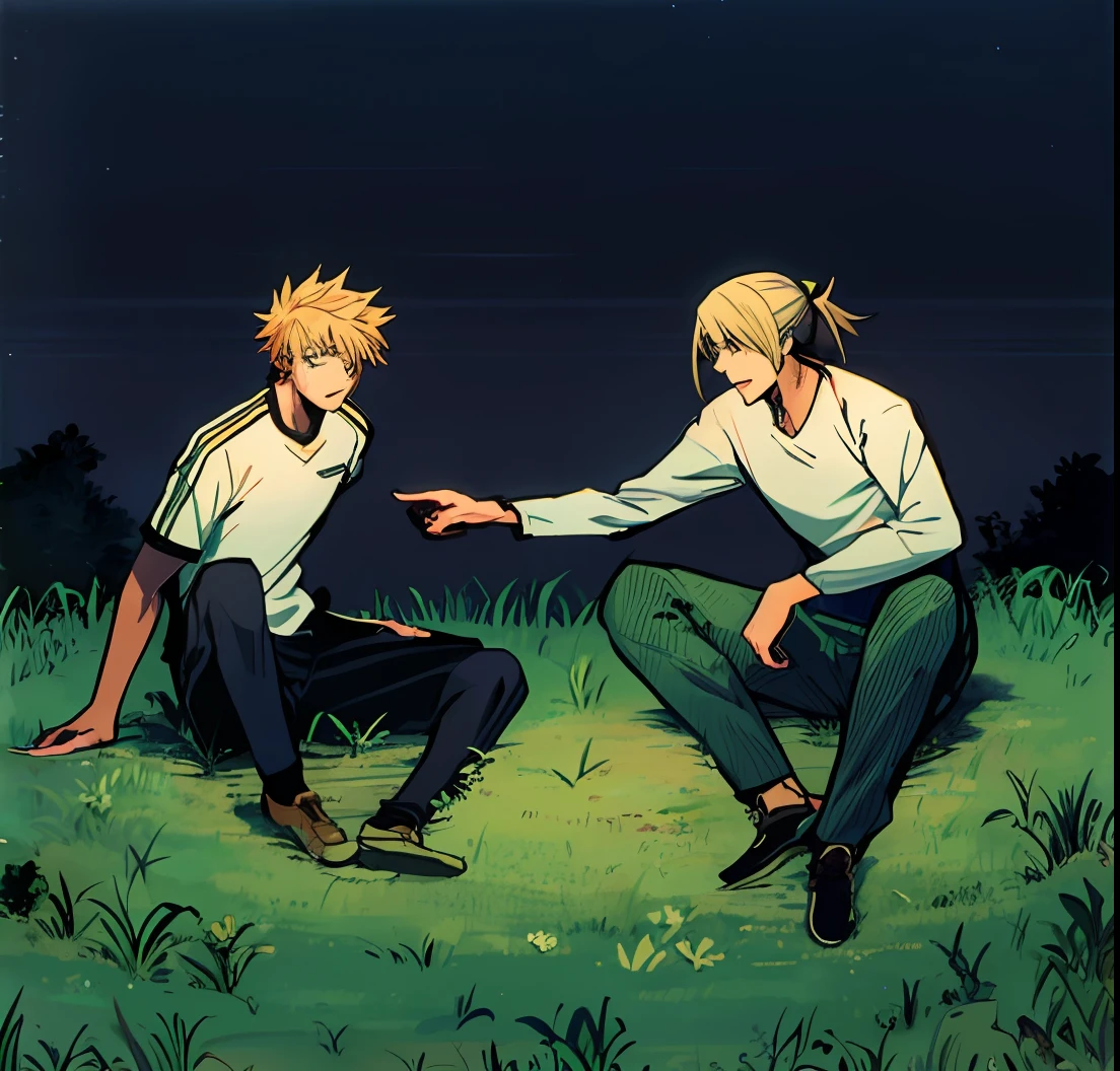 2boys sitting on grass at night, looking each other, pointing, night, color manga, manga color, color manga, color manga panel, simple background