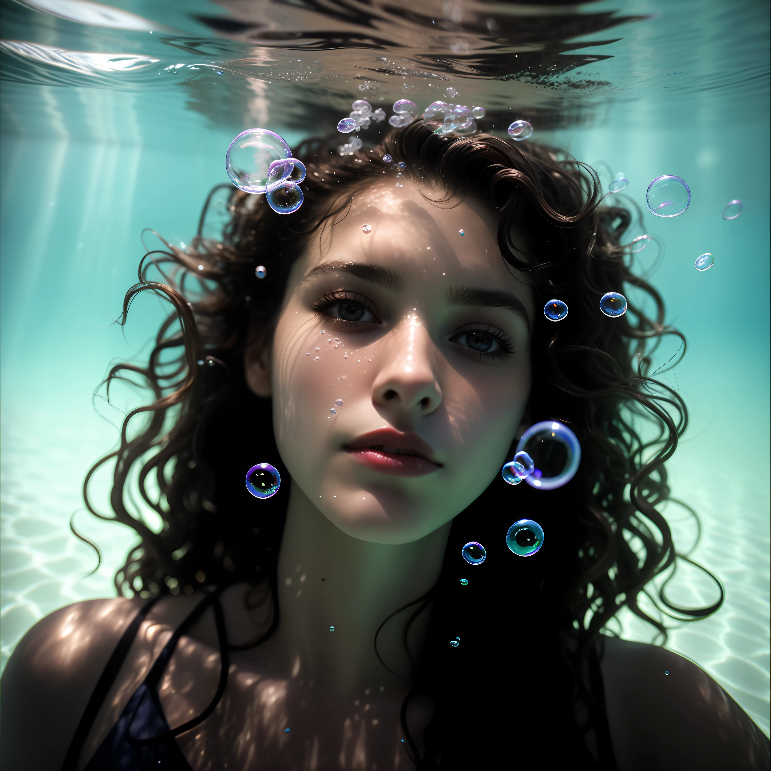 a close-up of a dark brown-skinned woman blowing bubbles in a pool, portrait of a woman underwater, underwater bubbles, by Nathalie Rattner, petra collins, underwater face, submerged in water, underwater photograph, in style of petra collins, face in water, ethereal bubbles, underwater polaroid photo, [ bubbles, floating drowned, davide sorrenti, floating bubbles, bubbles