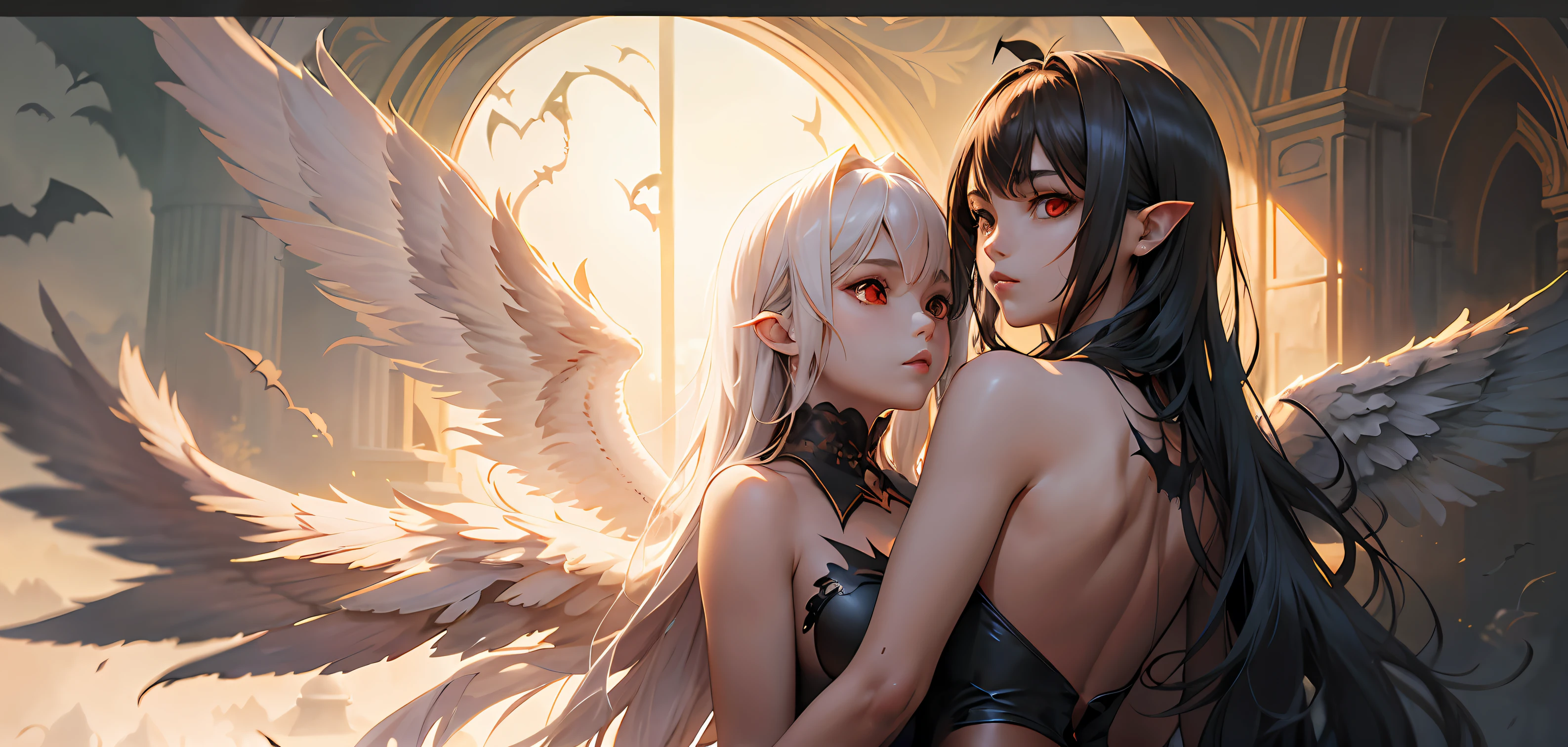 twins，2girls，The angel，Feathered wings，demonic，Bat wings，Upper body body，realisticlying，skin textures，tmasterpiece，the detail，Complex and beautiful mural background