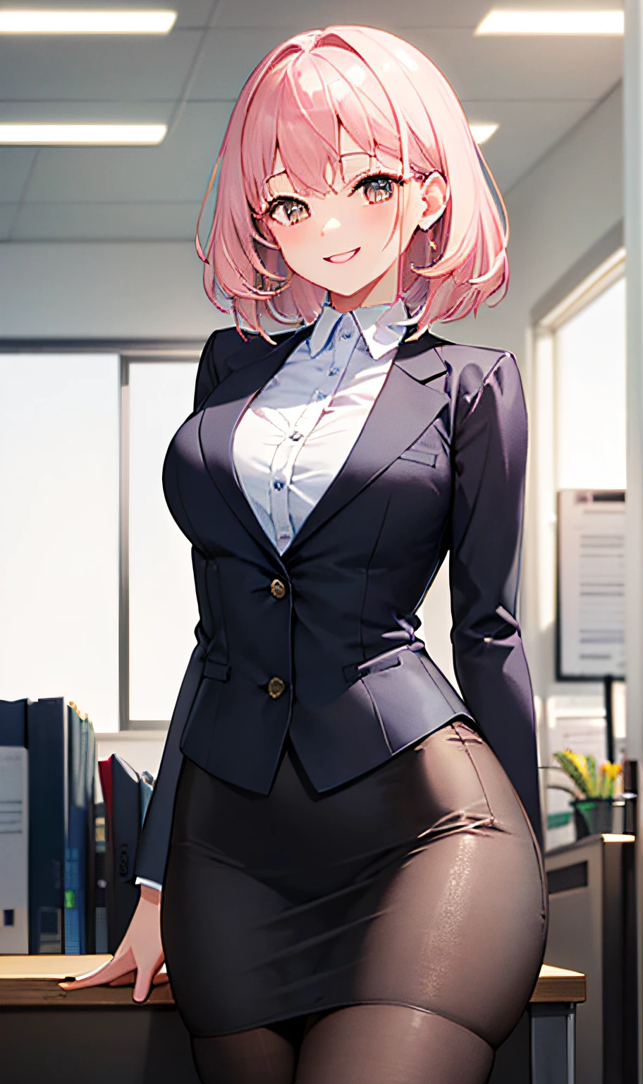 ((masterpiece, best)),(1girl),((mature woman)), light pink hair, dizzy, trumpet, ((office lady)), bangs, mid-chest, (full), slim, smiling, [wide hips] ,office,standing, aru \(blue archive\),