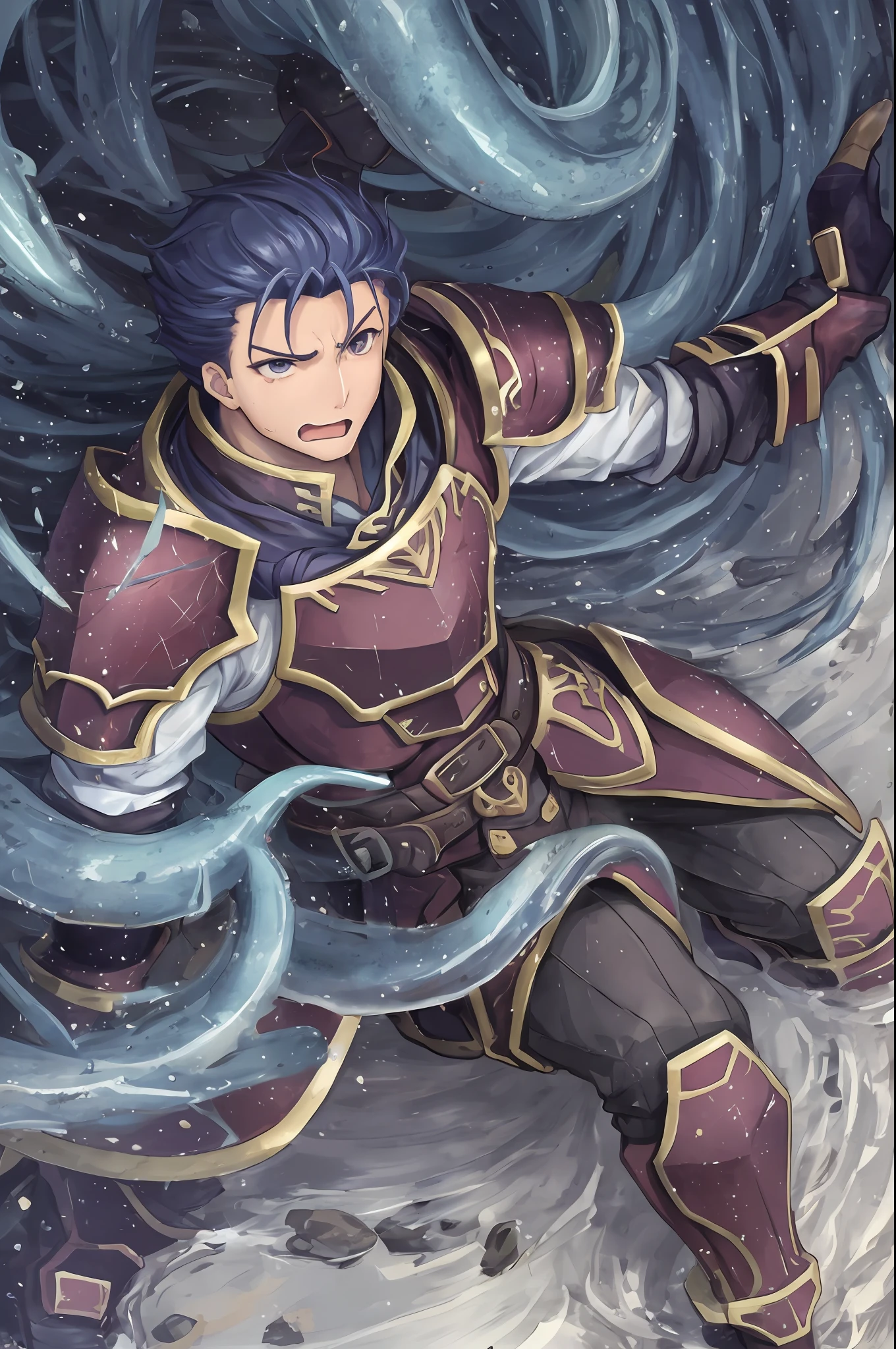Hector Fey(adult man), 独奏, looking looking at viewer,Tied by tentacles(Mucus-secreting tentacles) ,With his mouth open,droolng,perspire,Tight combat uniform,Armour,Armour,Get wet, mitts, 1 man,weeping,Be red in the face, Male focus,Tentacles wrapped around thighs(Octopus tentacles wrap around thighs), cloaks, Armour, Shoulder armor, Soaked leggings,Wrists bound by tentacles,Waist wrapped around tentacles