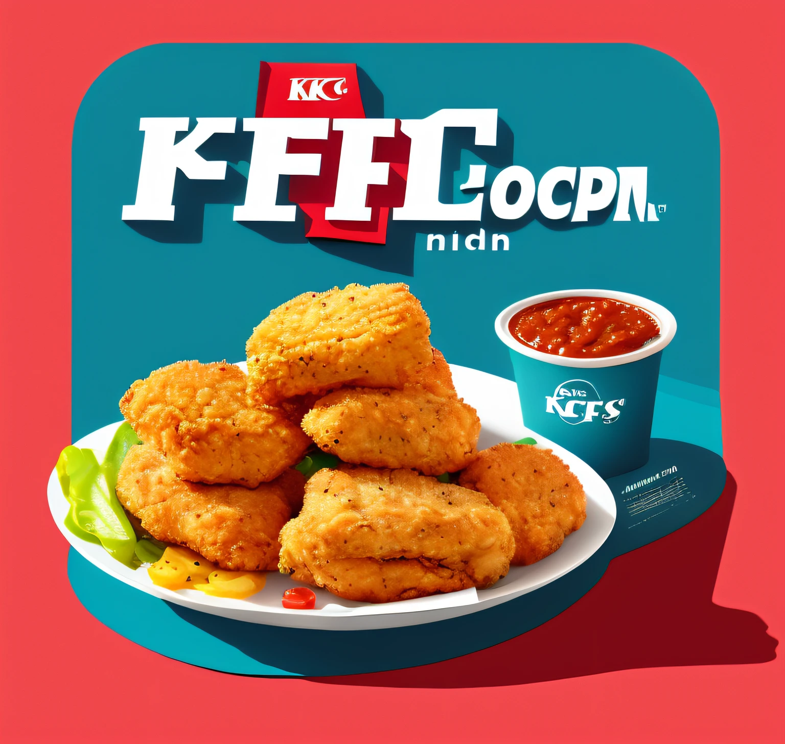 kfc chicken, high quality illustration, ,, fast food, deep fried, Sharp images, style of chippy, made with illustrator, very crispy，Chicken nugget ads, delicacy, Bright colors, tomato sauce, kfc, Crispy yellow chicken nuggets, minimalistic background, 8K, delicacy