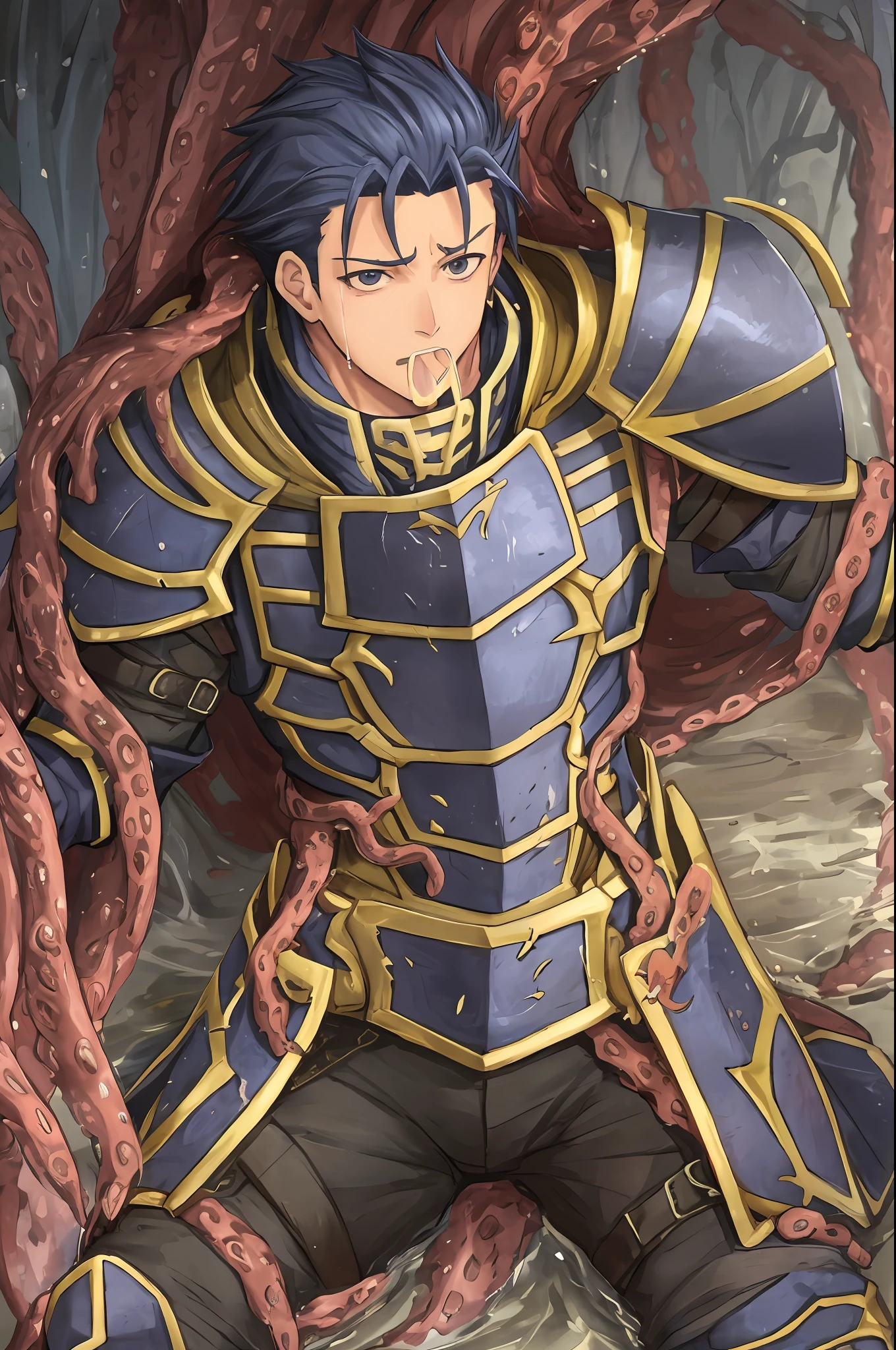 Hector Fey(adult man), 独奏, looking looking at viewer,Tied by tentacles(Mucus-secreting tentacles) ,With his mouth open,droolng,perspire,Tight combat uniform,Armour,Armour,Get wet, mitts, 1 man,weeping,Be red in the face, Male focus,Tentacles wrapped around thighs(Octopus tentacles wrap around thighs), cloaks, Armour, Shoulder armor, Soaked leggings,Wrists bound by tentacles,Waist wrapped around tentacles
