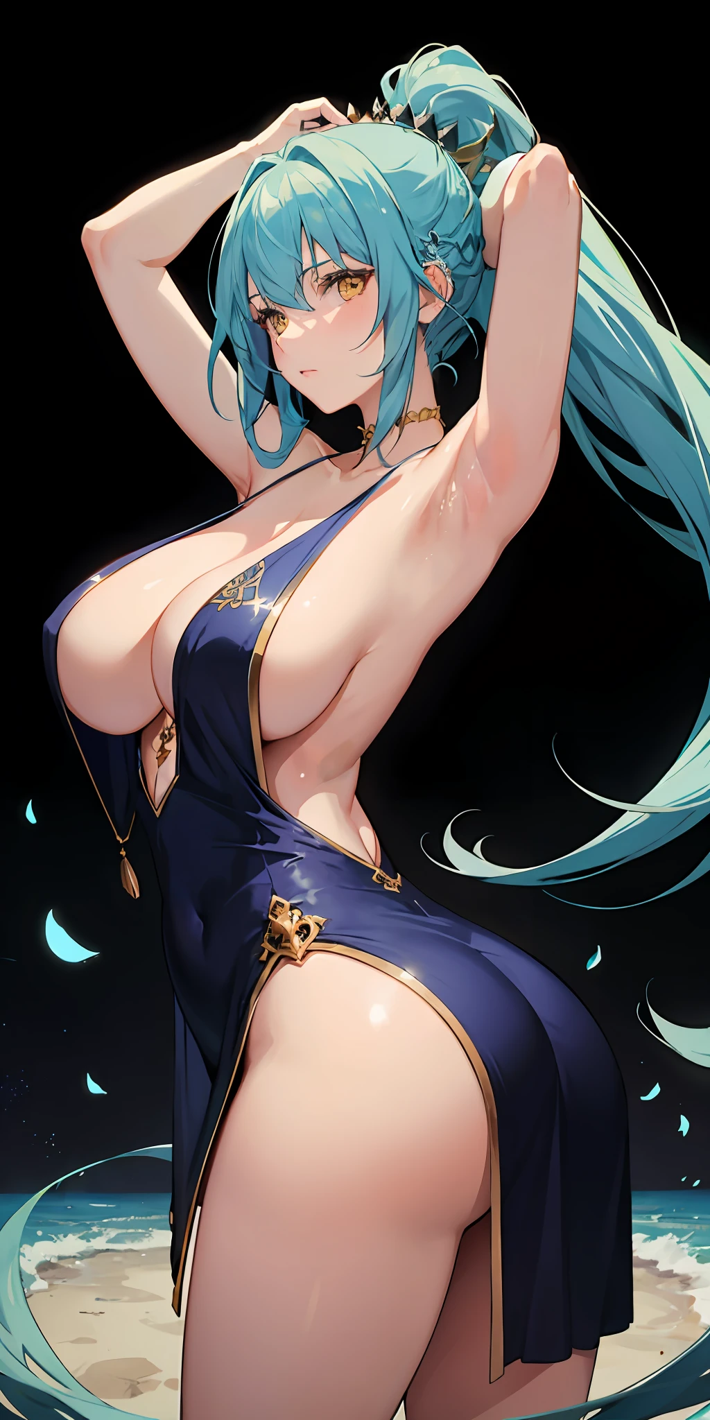 Light blue hair, long hair, yellow eyes, massive boobs, massive ass, collarbone, ponytail, bare shoulder, short dress, arms up, armpits