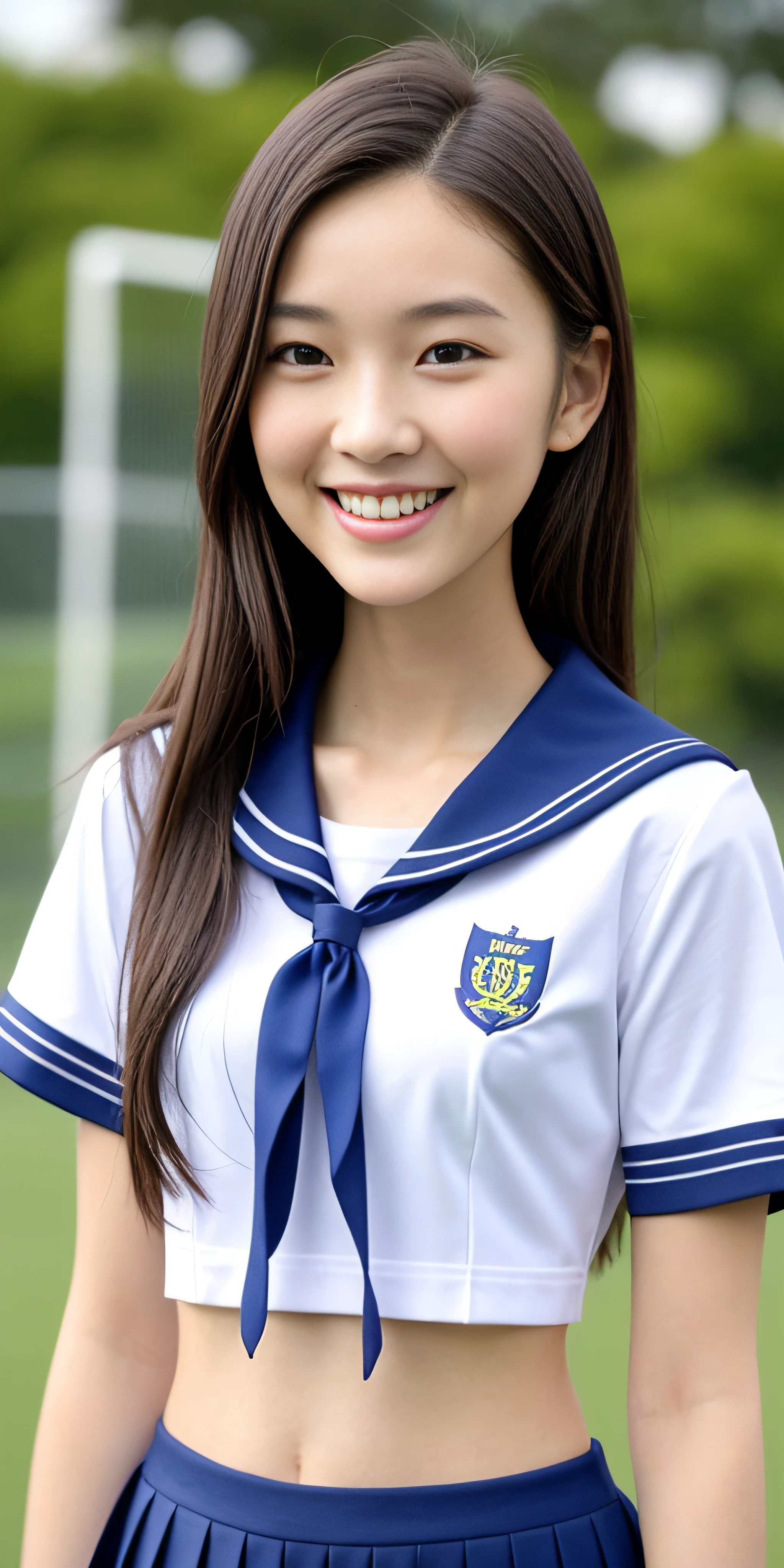 neat college girl, (school uniform, sailor uniform, ribbon tied at chest, summer uniform, upper body white, skirt dark blue, short sleeves), outside the athletic field, (slim), photorealistic, detail, skin texture, ultra detail, delicate and sexy collarbone, smile, super detailed face, detailed lips, detailed eyes, double eyelids, small breasts, small breasts, small, small, flat chest
