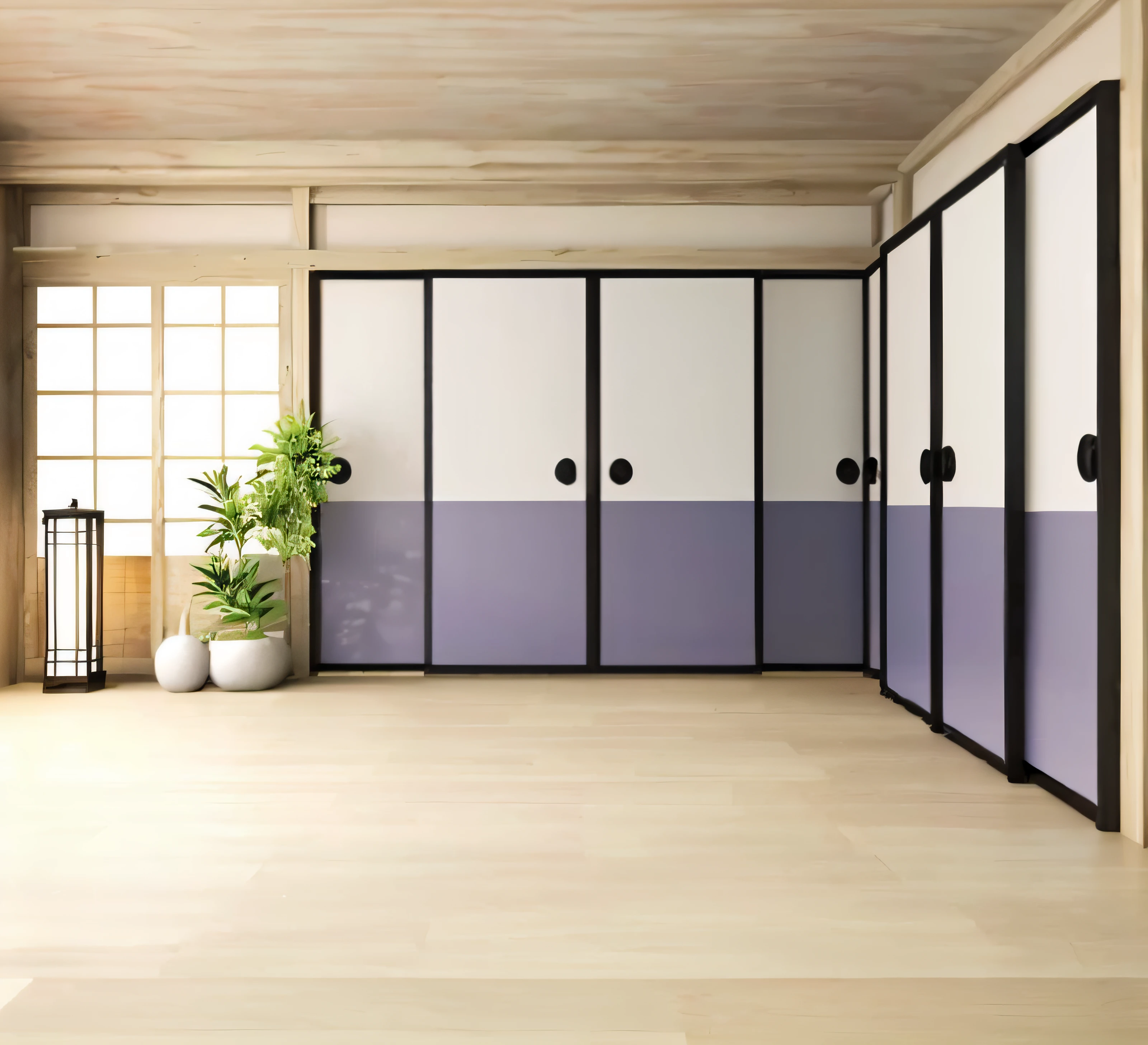 there is a room with a lot of doors and a plant, photograph of 3d ios room, in a japanese apartment, Japanese style, style of shoji kawamori, modern japanese living room, Japanese design, inspired by Ogata Kōrin, inspired by Itō Jakuchū, inspired by Goyō Hashiguchi