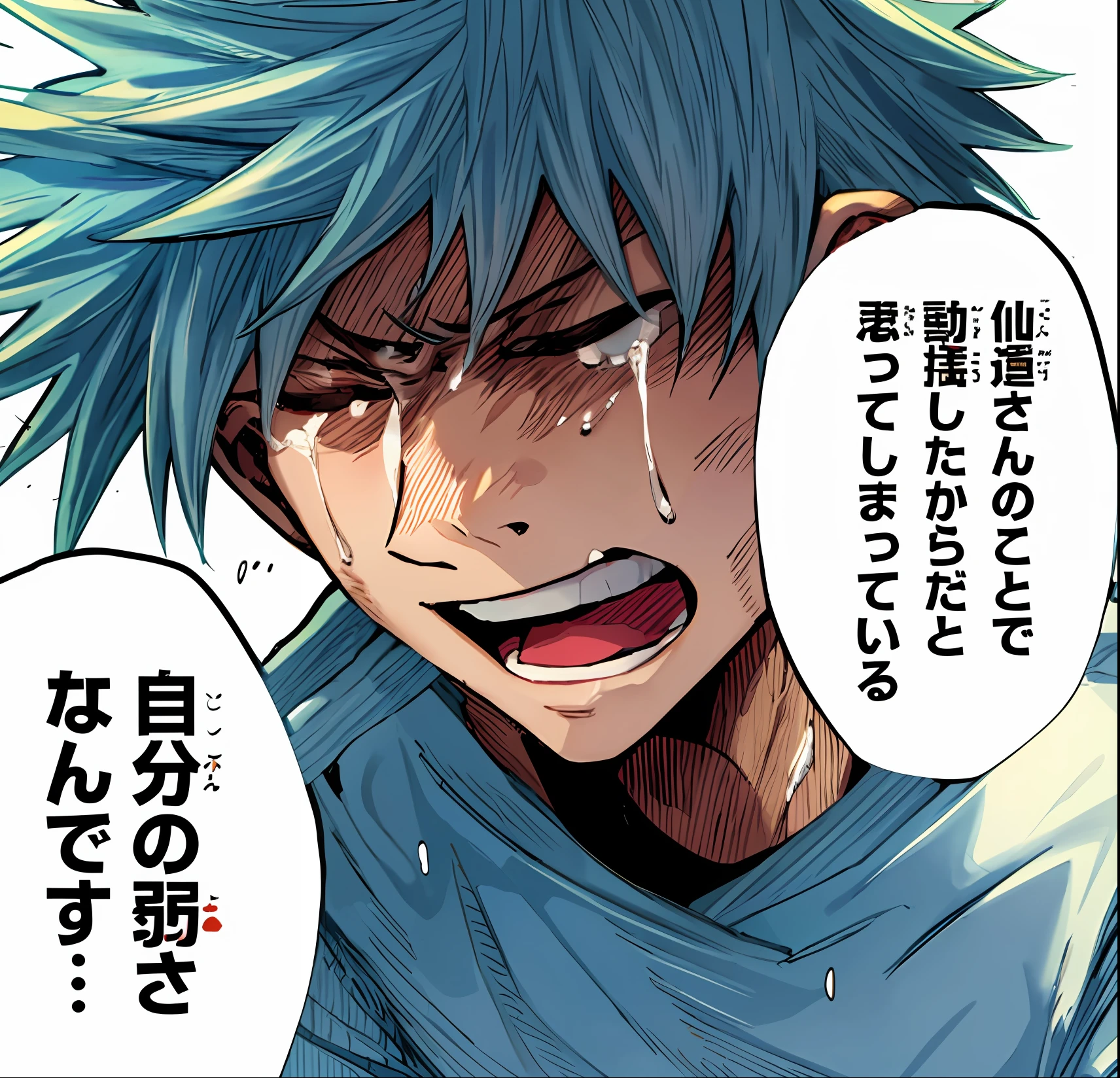 a anime of a man with a gray hair, cry, tears, closed eyes, open mouth, white shirt, text bubble speech, color manga, manga color, color manga, color manga panel, simple background, a white background
