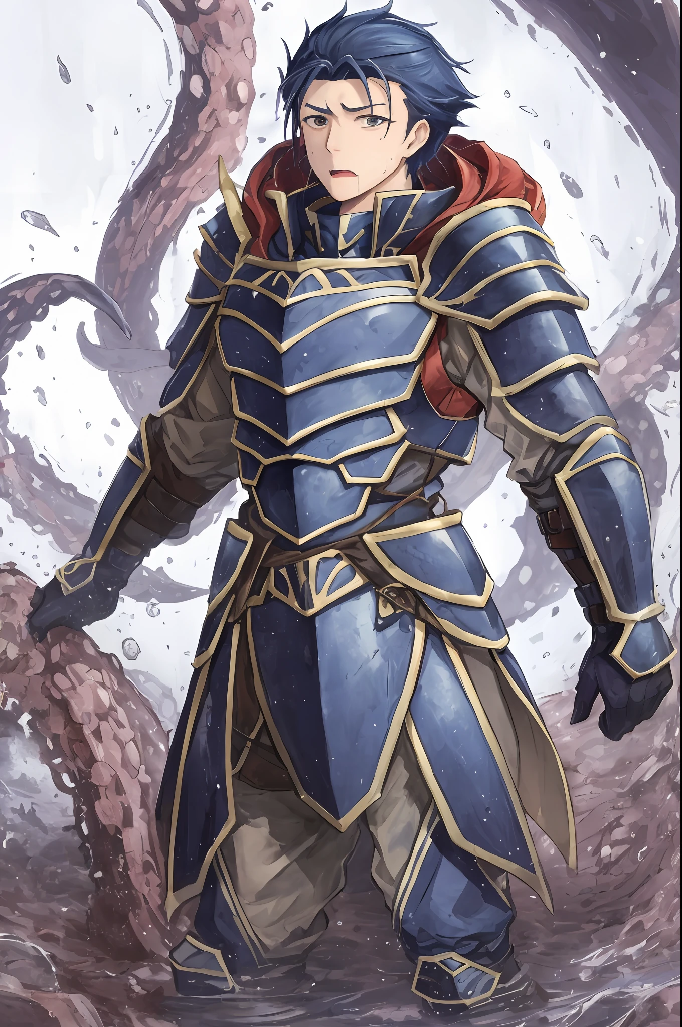 Hector Fey(adult man), 独奏, looking looking at viewer,Tied by tentacles(Mucus-secreting tentacles) ,With his mouth open,droolng,perspire,Tight combat uniform,Armour,Armour,Get wet, mitts, 1 man,weeping,Be red in the face, Male focus,Tentacles wrapped around thighs(Octopus tentacles wrap around thighs), cloaks, Armour, Shoulder armor, Soaked leggings,Wrists bound by tentacles,Waist wrapped around tentacles