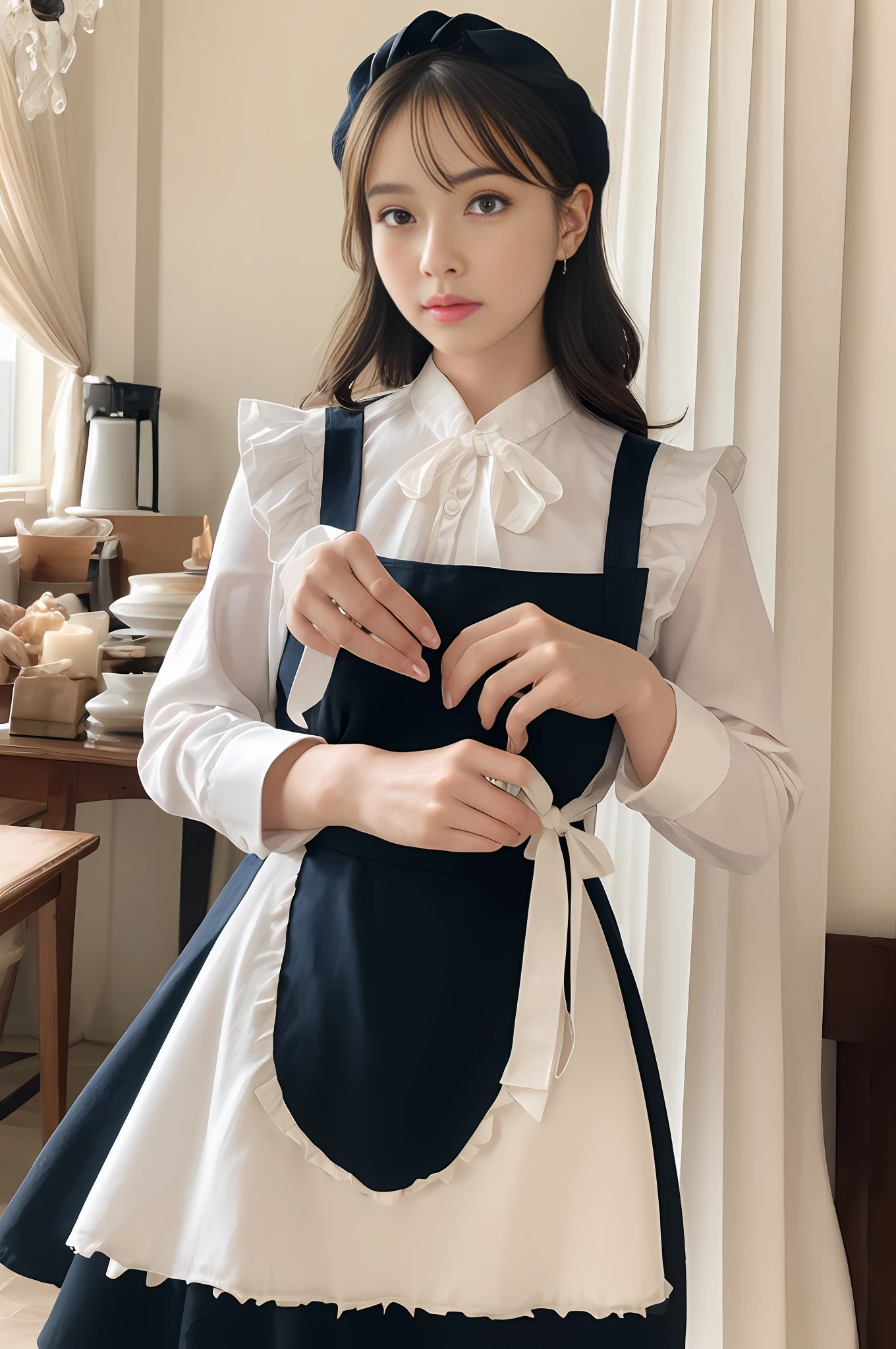 fullllbody、The high-contrast, The ultra -The high-definition, Outstanding detail, 8K, Blush face, with blush cheeks, Nikon Z9, 30mm lens、Sharp Focus Face、F / 4、ISO 200、shutter 1/250、Beauty Light、medium shot、Unripe、intricate-detail、awardwinning photo、Excellent contrast、High Sharpness、Facial symmetry、bokeh dof、ultra-detailliert、(A hyper-realistic), (illustratio), (high definition resolution), (8K), (highly detaile), (The best illustrations), (beautiful-detailed eyes), (beste-Qualit), (ultra-detailliert), (​masterpiece), (wall-paper), (details face), 独奏, 1 girl in, loose wavy hair, Maid headband with frills、Iris heterochromatic eyes, small moles under eyes, White ruffled blouse, ((Dark blue ribbon ties)), Black flared long skirt、Victorian、(((white frilled apron))), camel's toe, White silk ankle length socks, Black Strap Pumps、Bedroom in a peaceful mansion with decorations, Chandeliers and candles、(Perfect ???????)