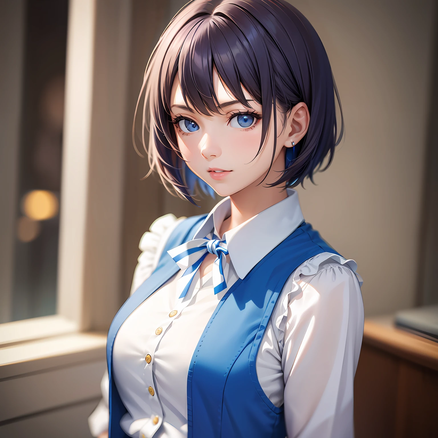 (((medium hair))), best quality, 8K, HDR, highres, absurdres:1.2, blurry background, bokeh:1.2, Photography, (RAW photo:1.2), (photorealistic:1.4), (masterpiece:1.3), (intricate details:1.2), 1girl, solo, japanese girl, delicate, beautiful detailed, (detailed eyes), (detailed facial features), petite, (((small breasts))), skin tight, (looking_at_viewer), from_front, (skinny), (best quality:1.4), (ultra highres:1.2), cinema light, (extreme detailed illustration), (lipgloss, best quality, ultra highres, depth of field, caustics, Broad lighting, natural shading, 85mm, f/1.4, ISO 200, 1/160s:0.75),1girl, solo, (((blue vest))) smile, school uniform, necklace, --auto