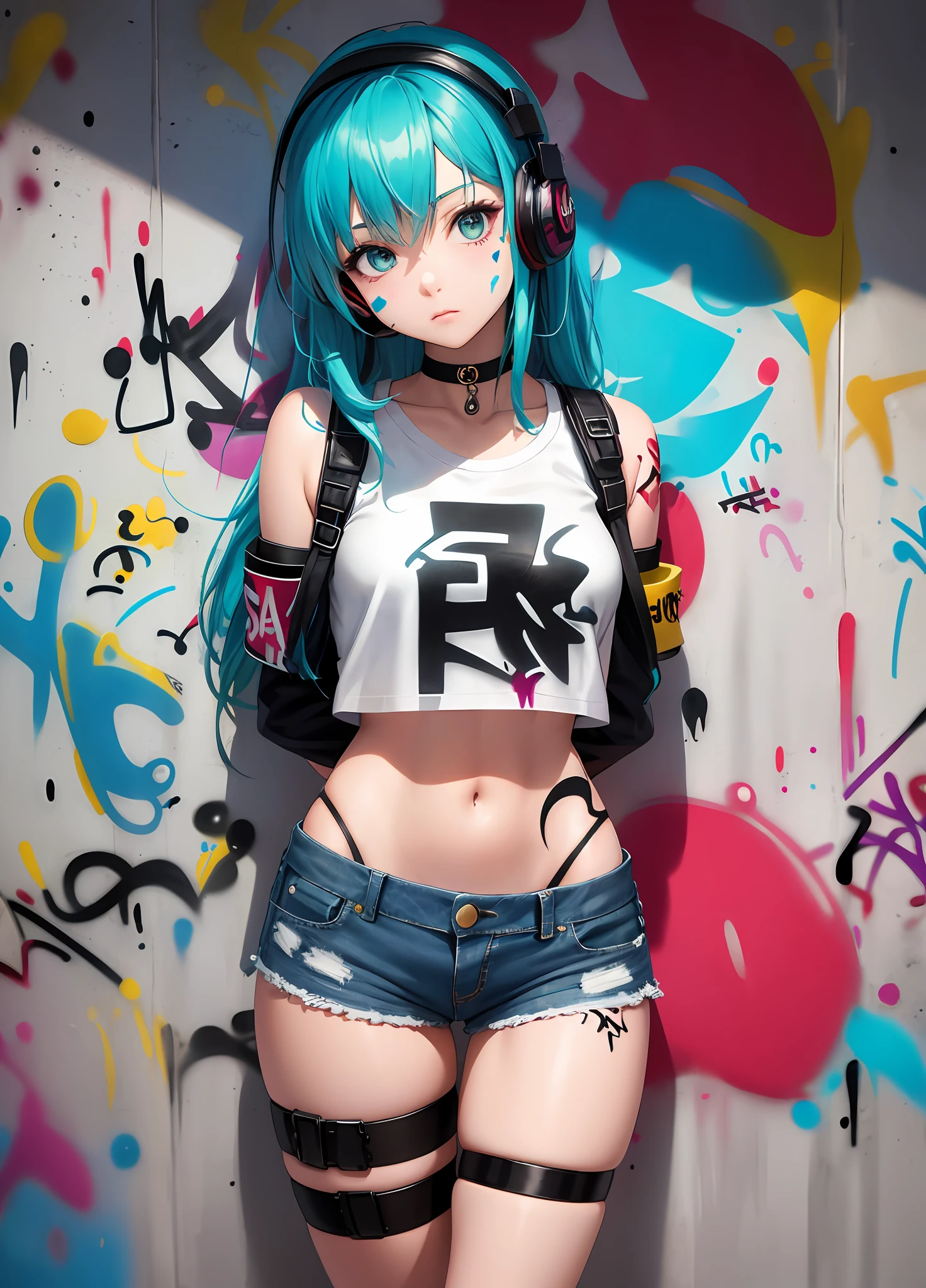 masterpiece, best quality, 1girl, solo, crop top, denim shorts, choker, (graffiti:1.5), paint splatter, arms behind back, against wall, looking at viewer, armband, thigh strap, paint on body, head tilt, bored, multicolored hair, aqua eyes, headset,